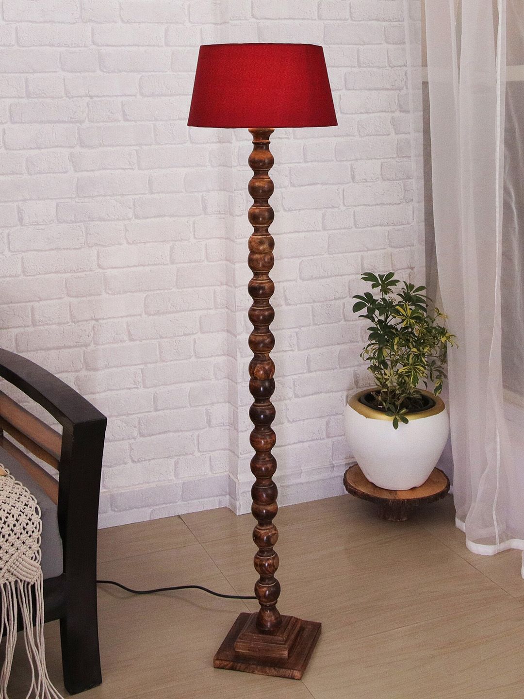 Homesake Maroon Wooden Floor Lamp with Red Shade Price in India