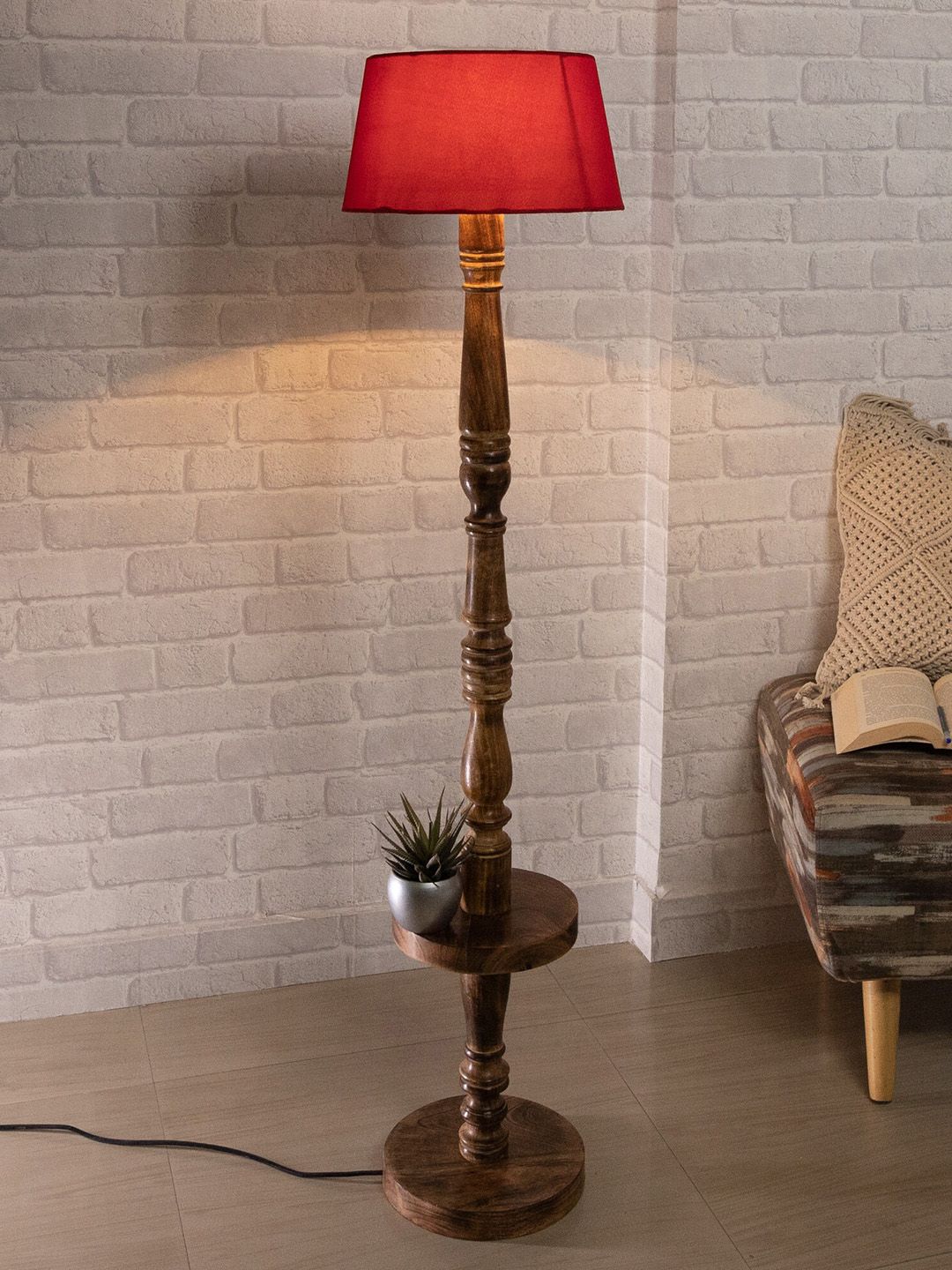 Homesake Red & Black Classic Round Mabel Wooden Floor Lamp Price in India