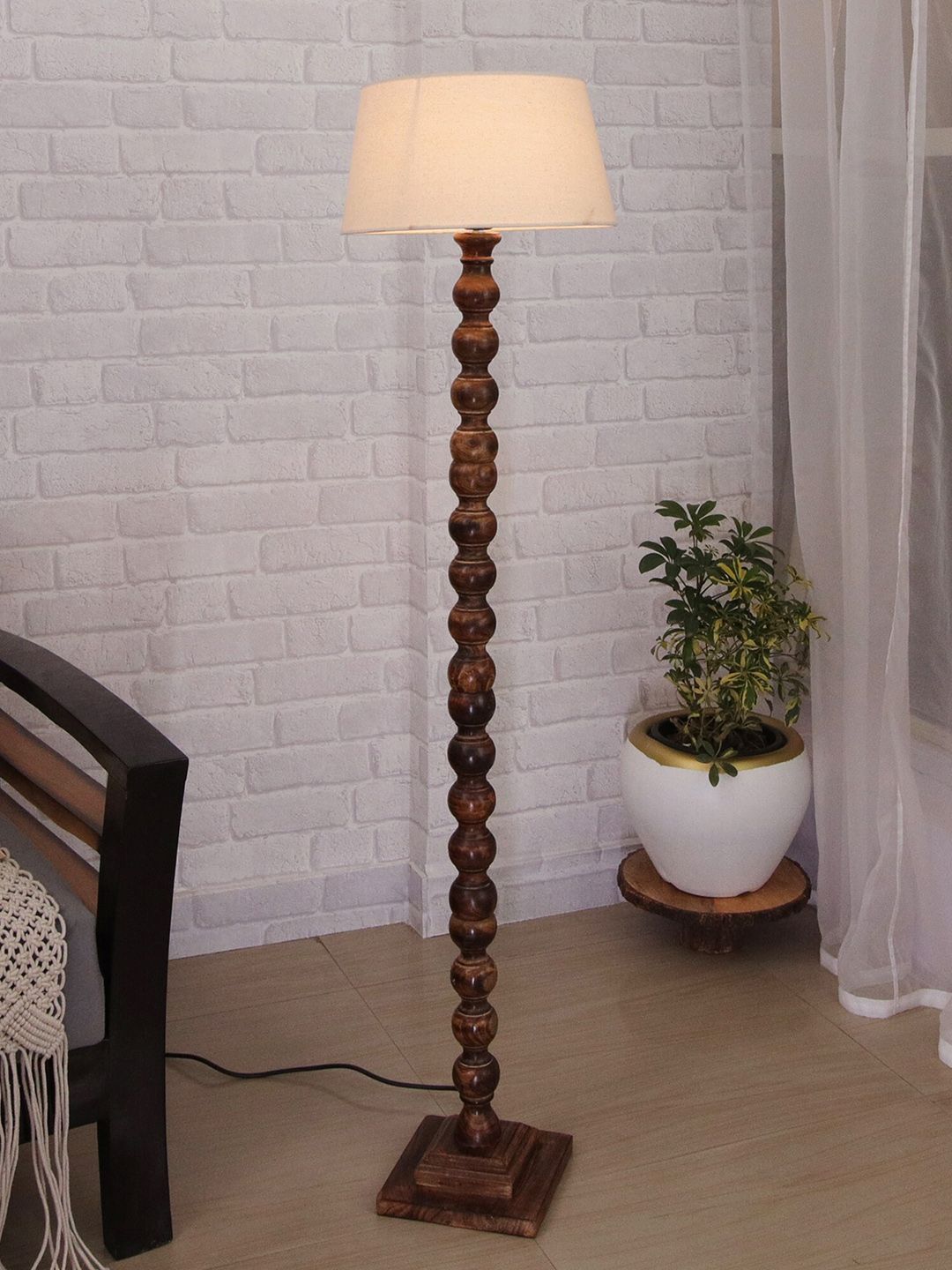 Homesake Brown Classic Sphere Ball Antique Wooden Floor Lamp with Shade Price in India