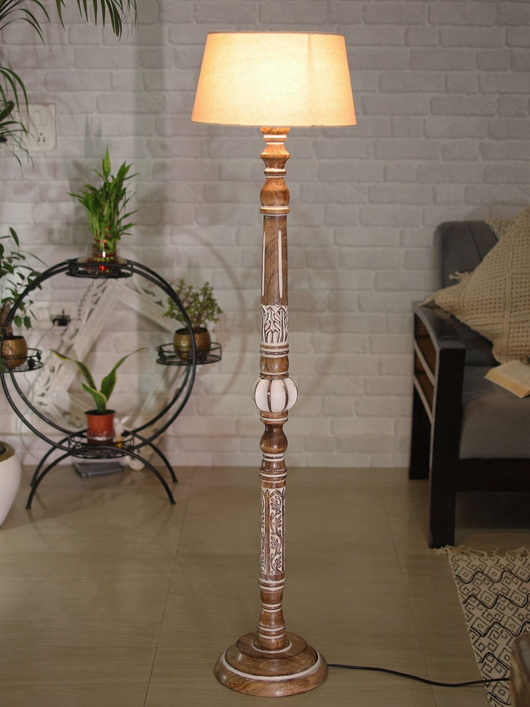Homesake Antique White Carving Floor Lamp for Living Room With Khadi Fabric Shade Price in India