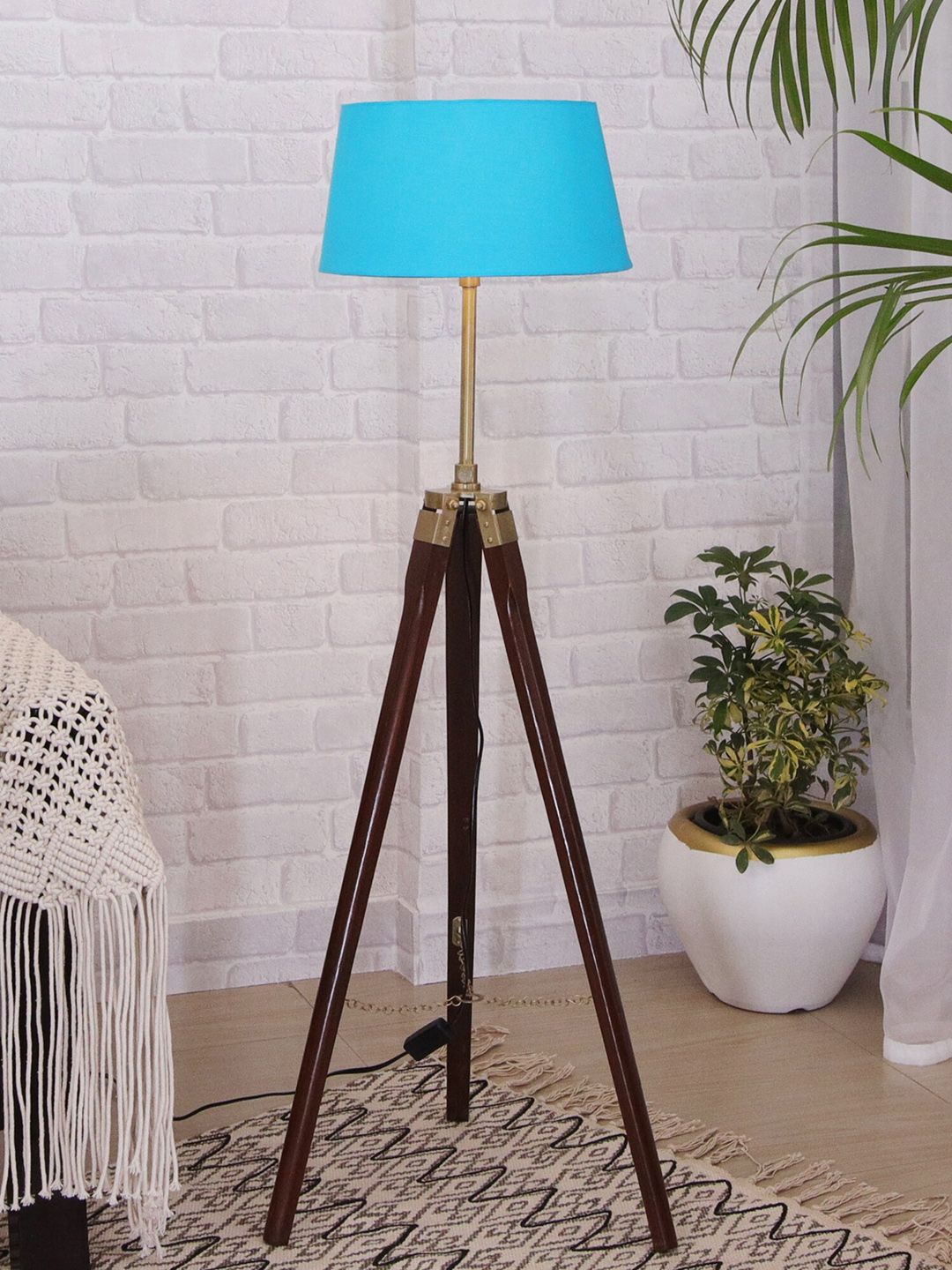 Homesake Turquoise Blue & Brown Tripod Floor Lamp With Shade Price in India