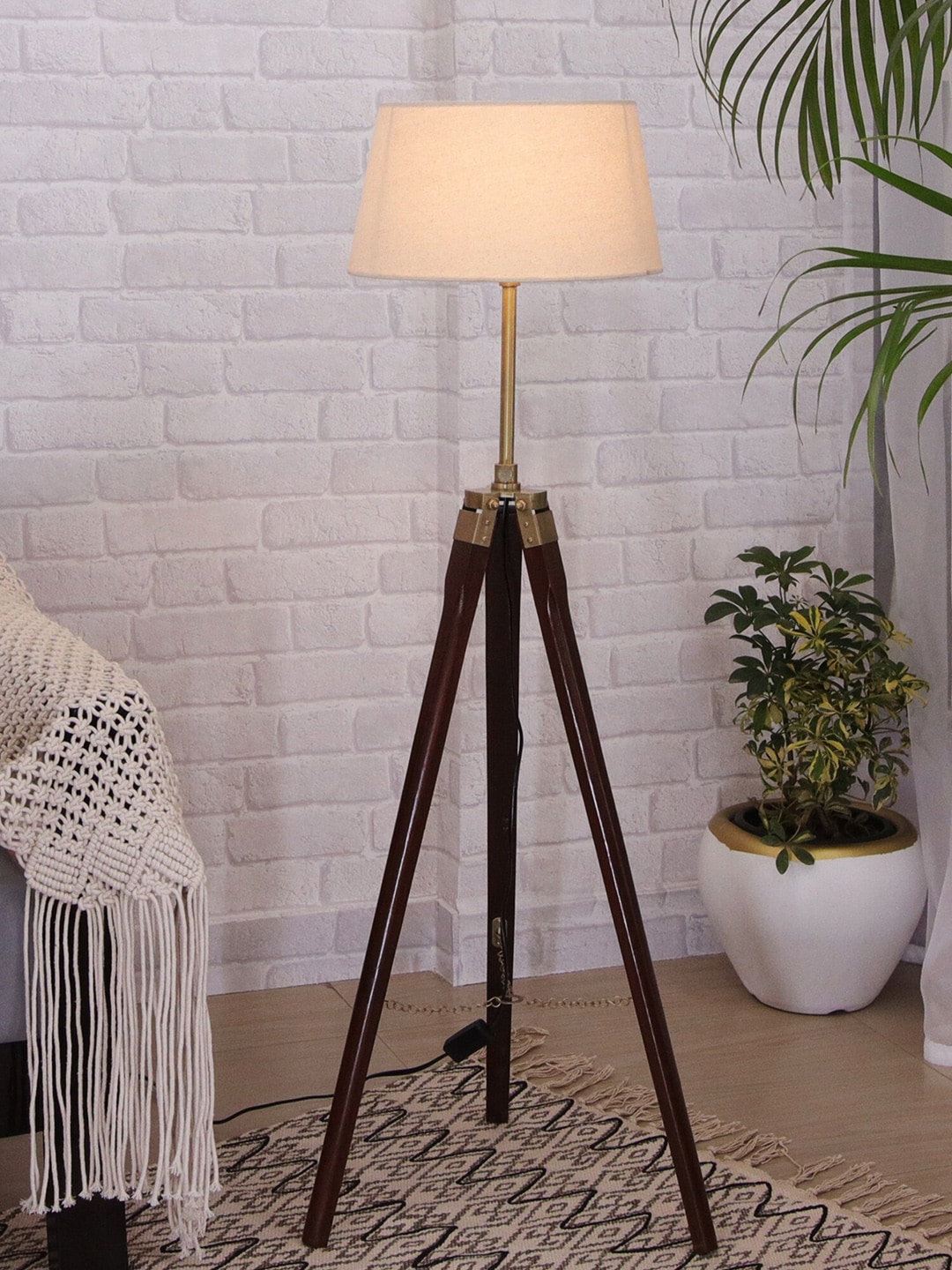 Homesake Beige & Brown Solid Contemporary Tripod Floor Lamp Price in India