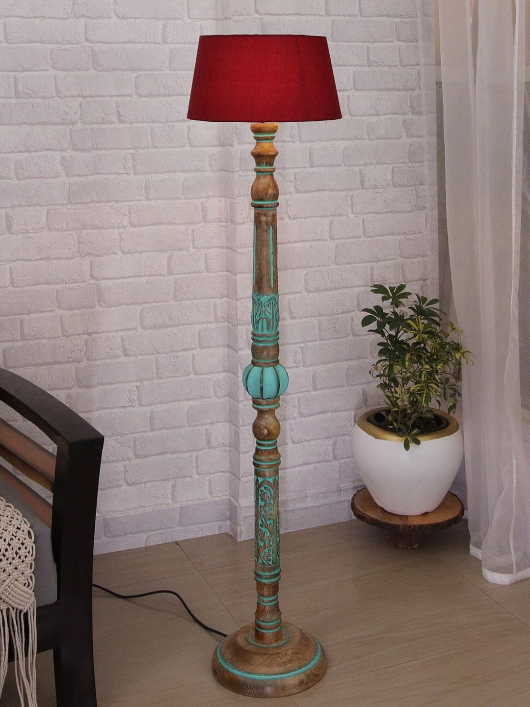 Homesake Red & Turquoise Blue Royal Carving Antique Wooden Floor Lamp with Shade Price in India