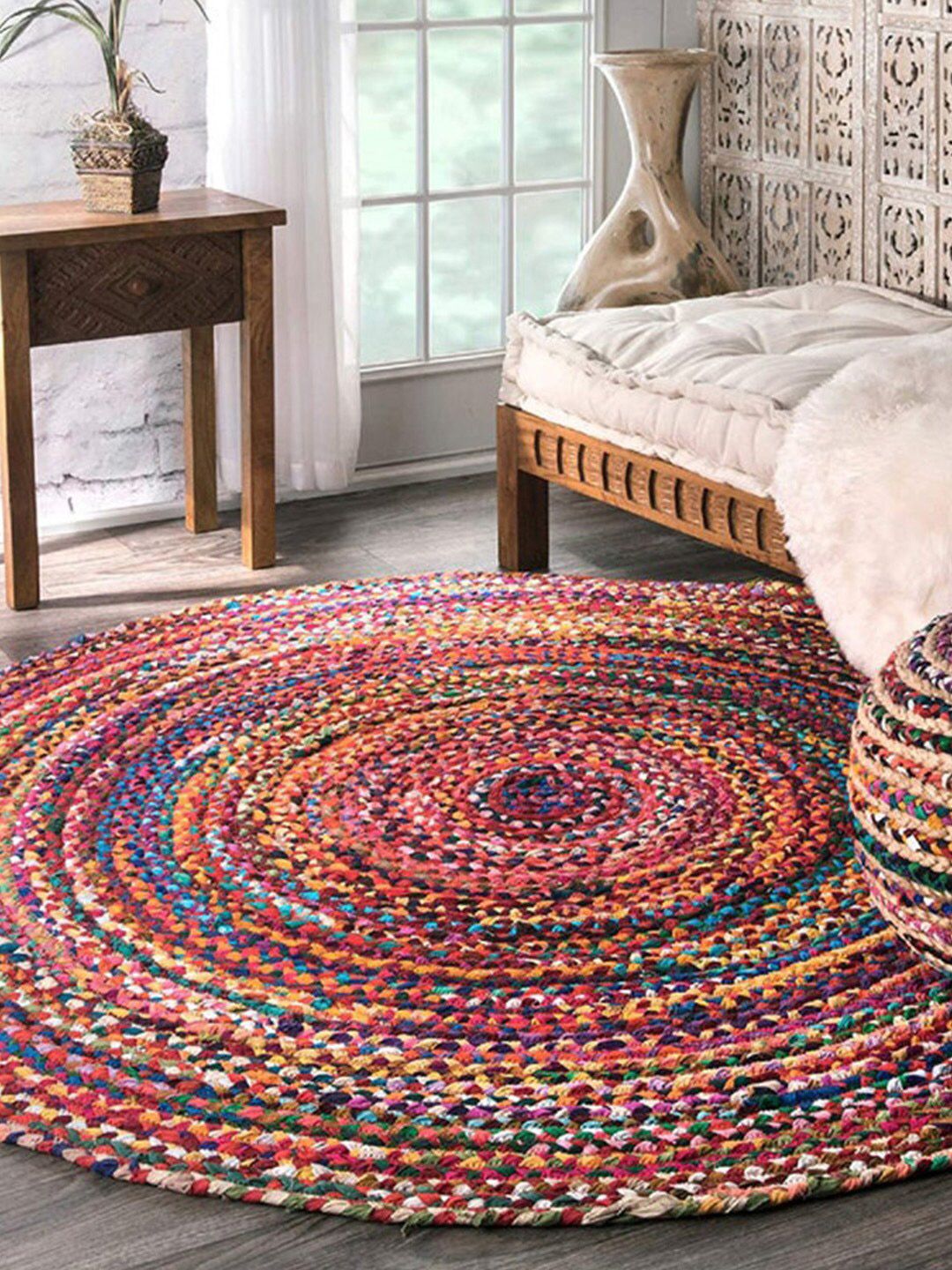 HABERE INDIA Multi-Coloured Braided Round Jute Carpet Price in India