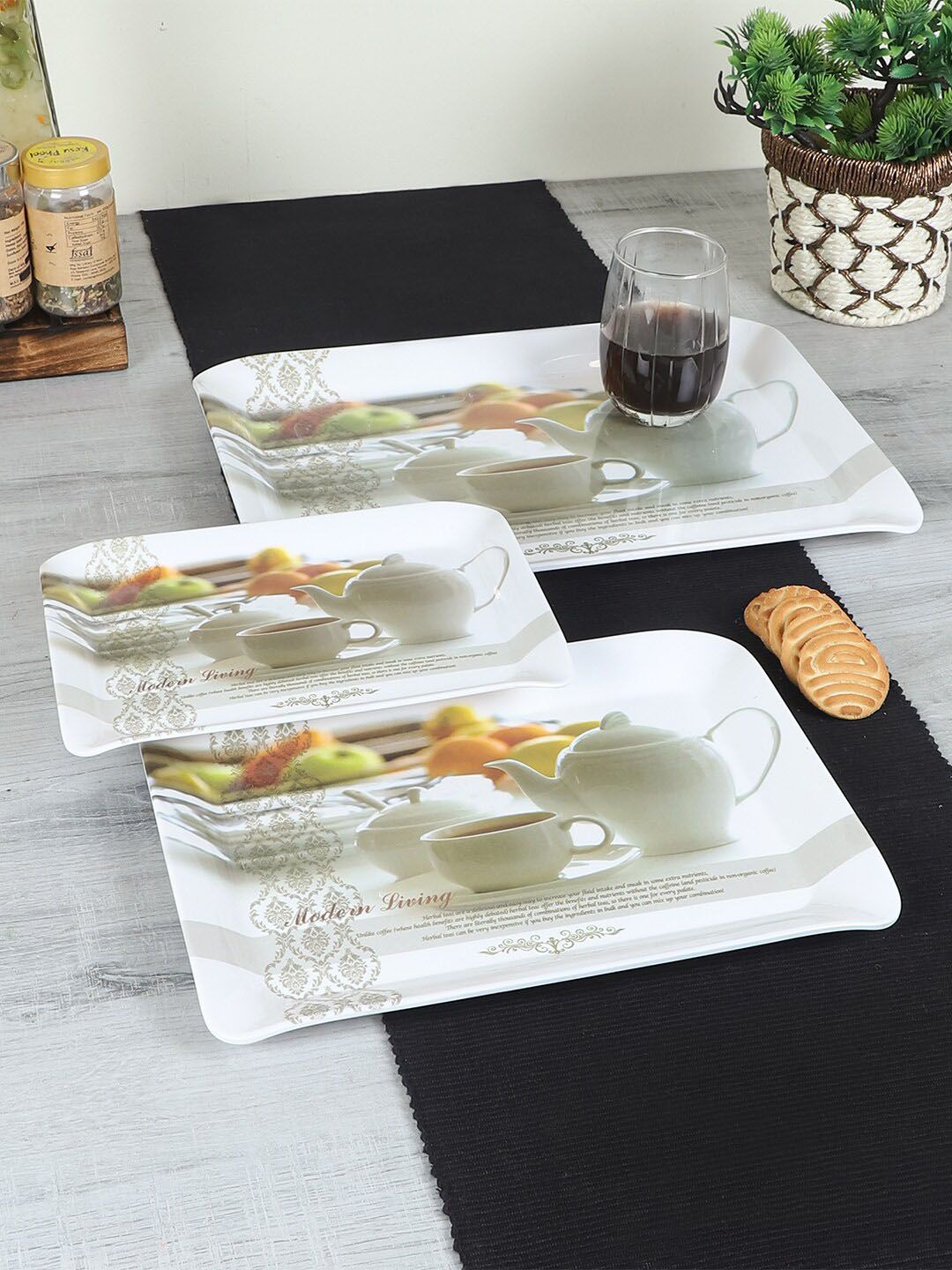 CDI Set of 3 White & Grey Printed Melamine Trays Price in India