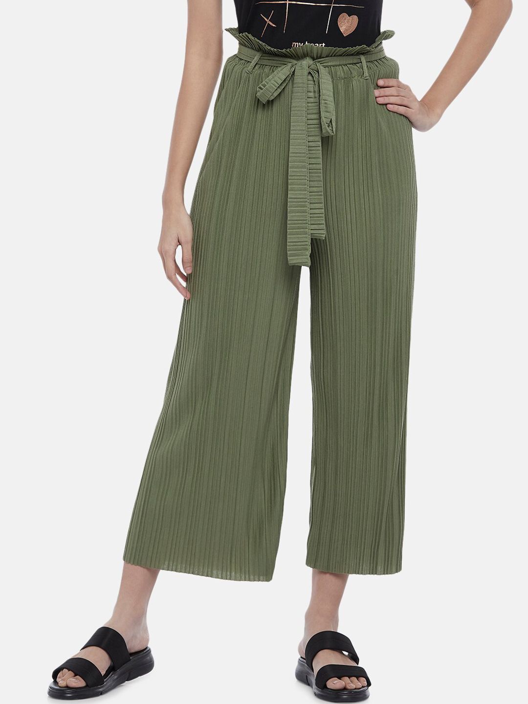 Honey by Pantaloons Women Olive Green Striped Regular-Fit Trousers Price in India