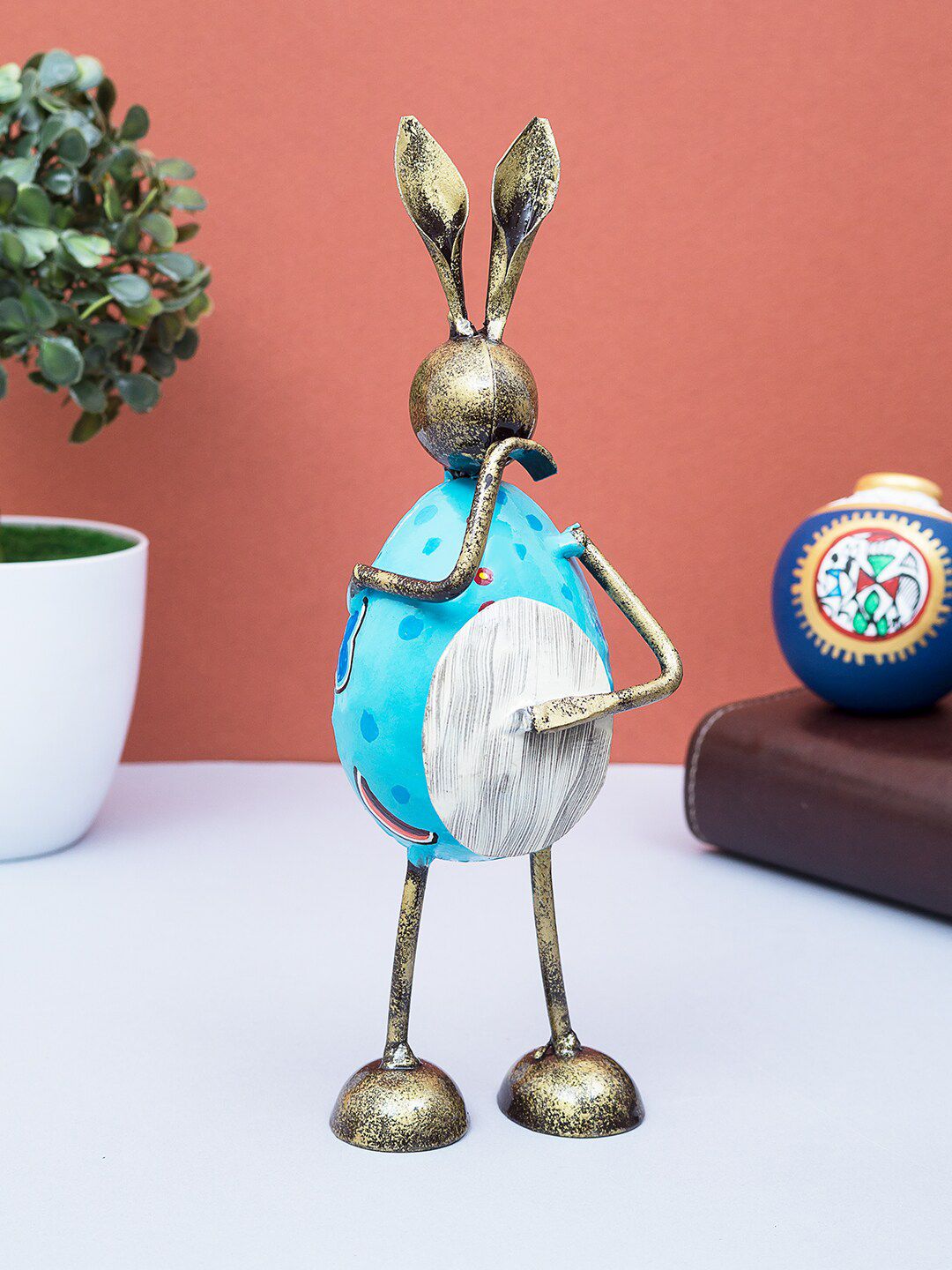 Golden Peacock Gold-Toned & Blue Metal Rabbit Showpieces Price in India