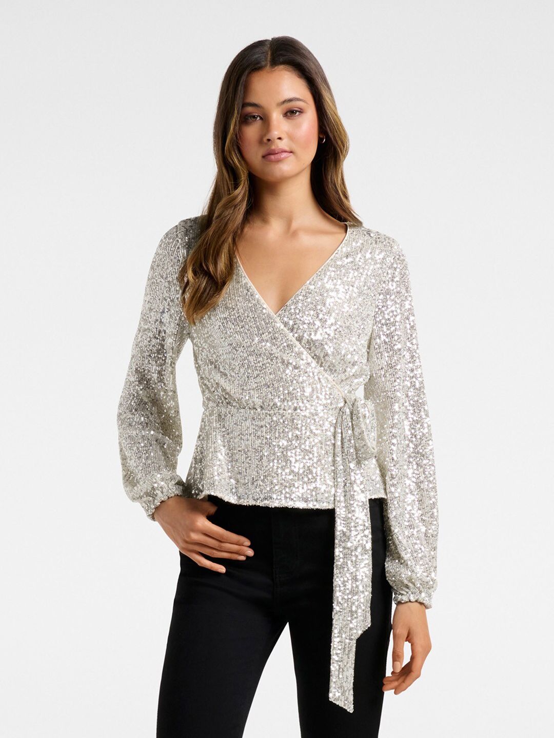 Forever New Silver-Toned Sequinned Wrap Top Price in India