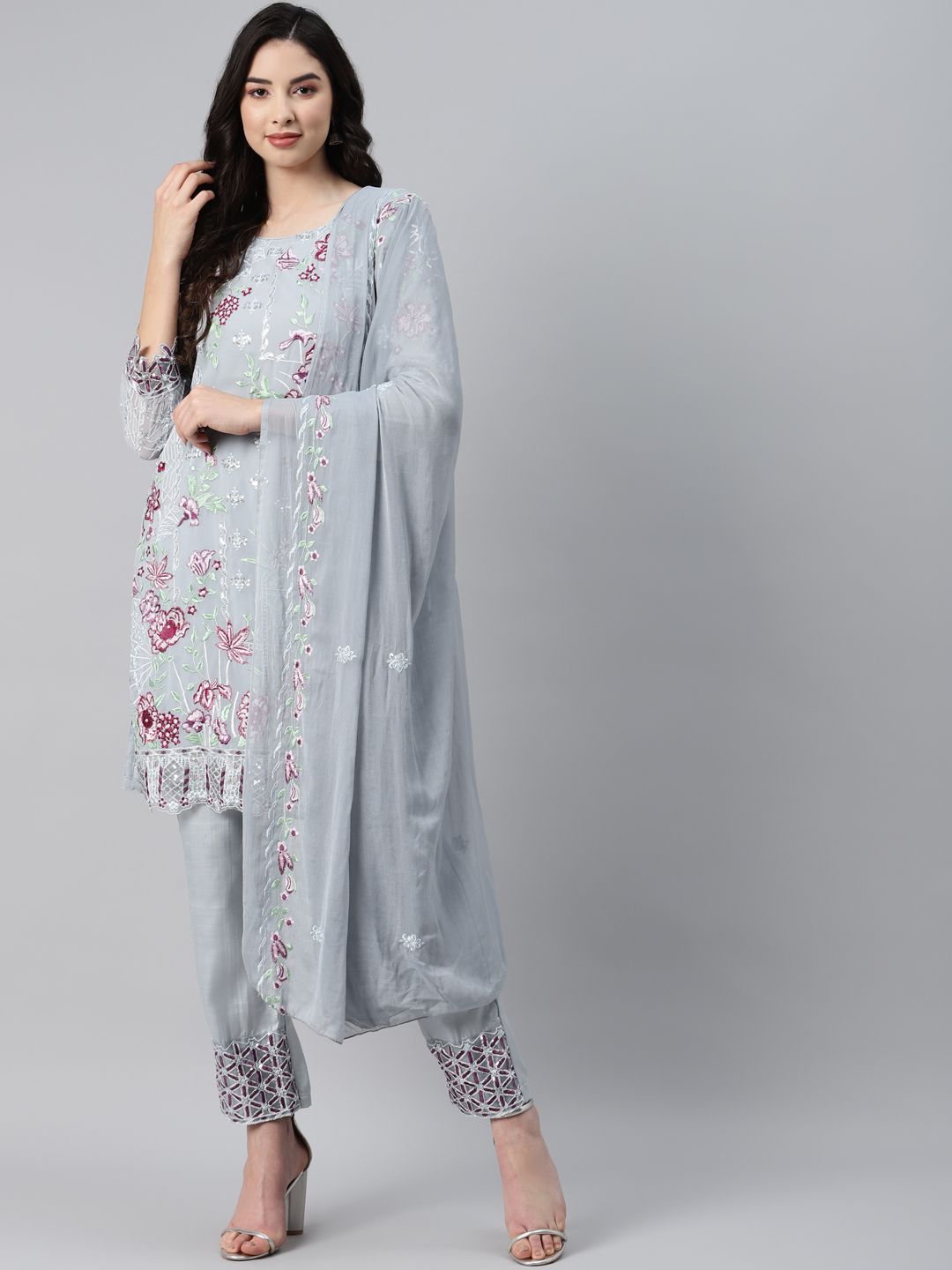 Readiprint Fashions Grey & White Embroidered Unstitched Dress Material Price in India