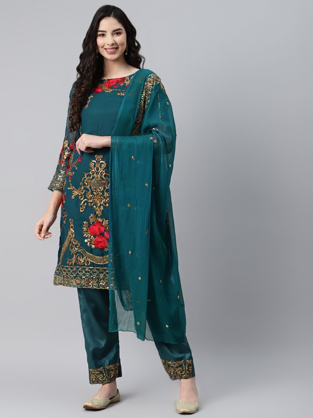 Readiprint Fashions Teal Blue Embroidered Unstitched Dress Material Price in India