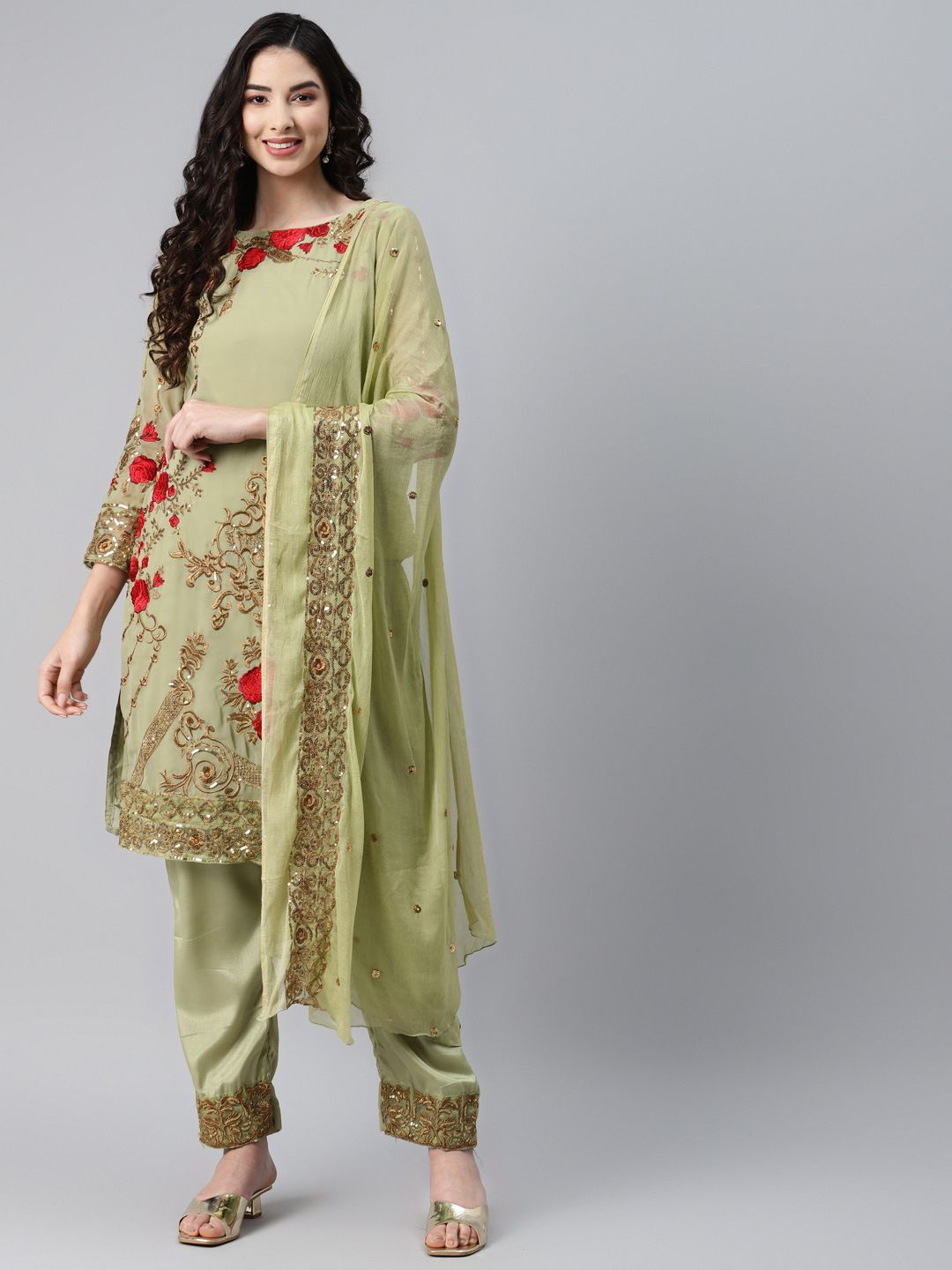 Readiprint Fashions Green Embroidered Unstitched Dress Material Price in India