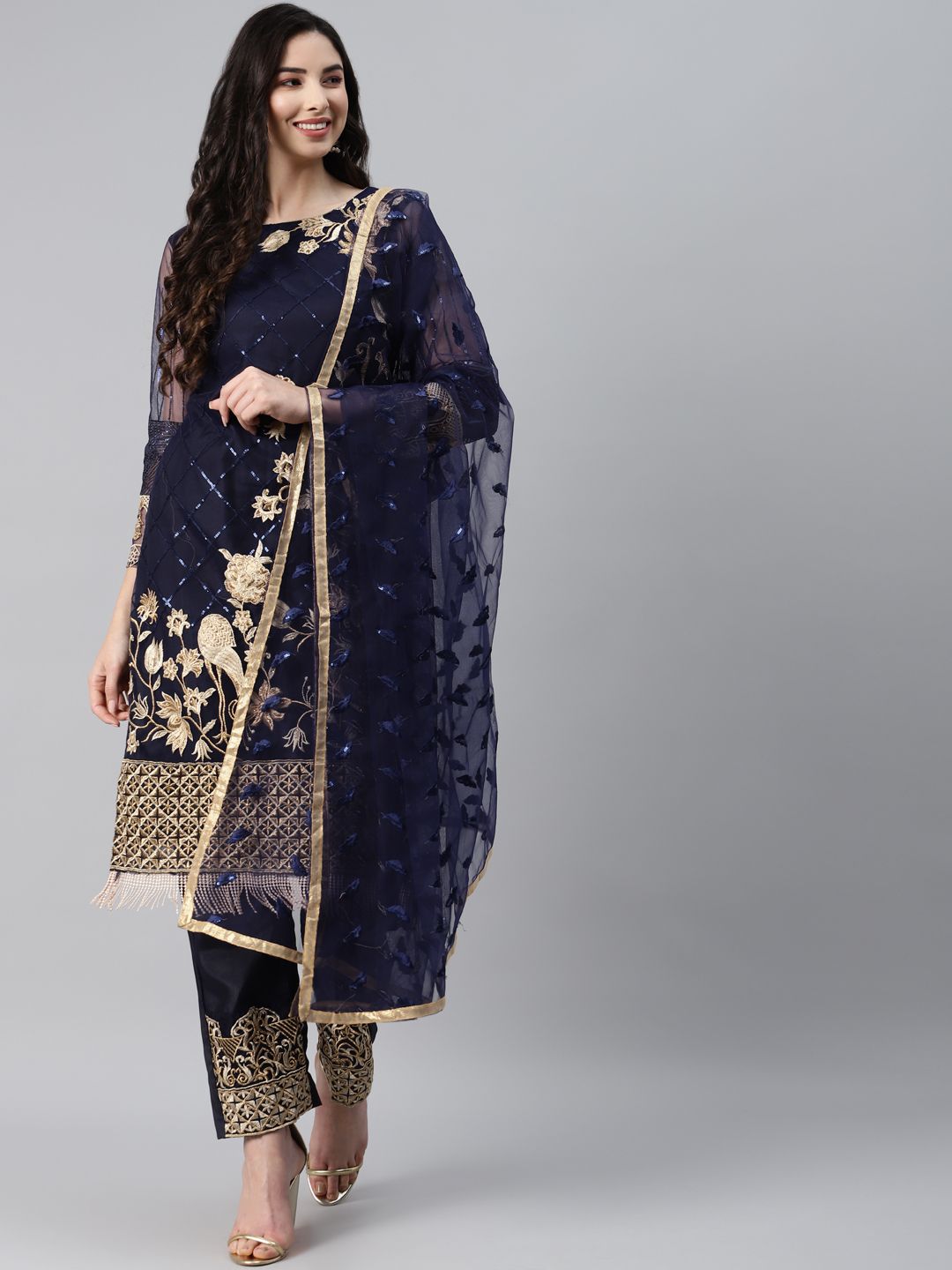 Readiprint Fashions Navy Blue & Gold-Toned Embroidered Unstitched Dress Material Price in India