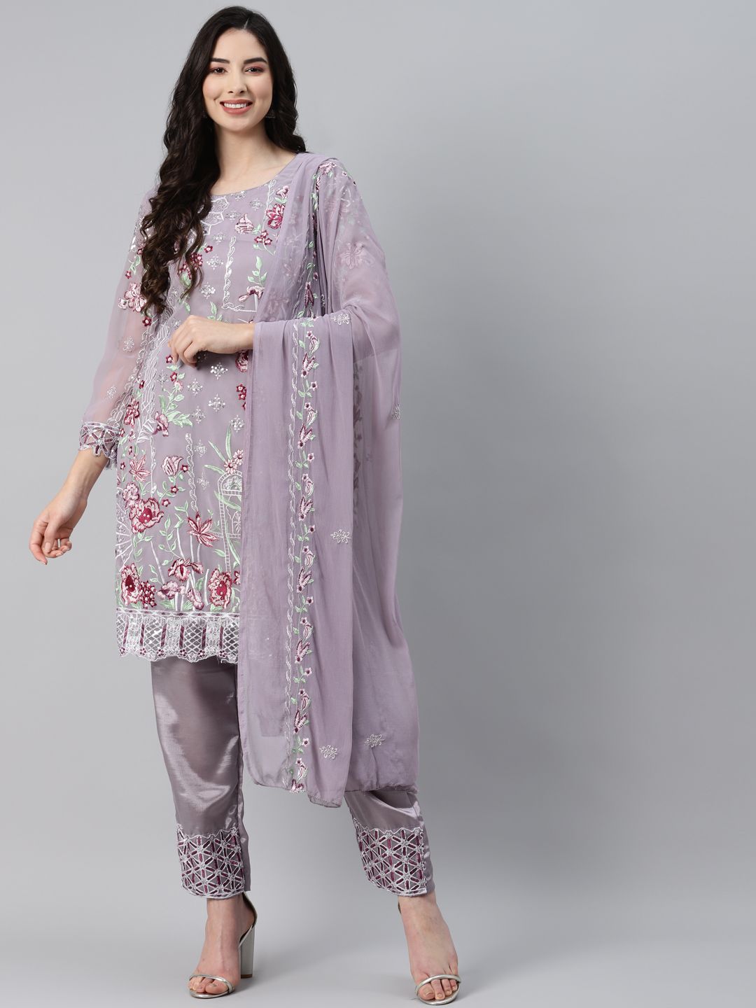 Readiprint Fashions Lavender Embroidered Unstitched Dress Material Price in India