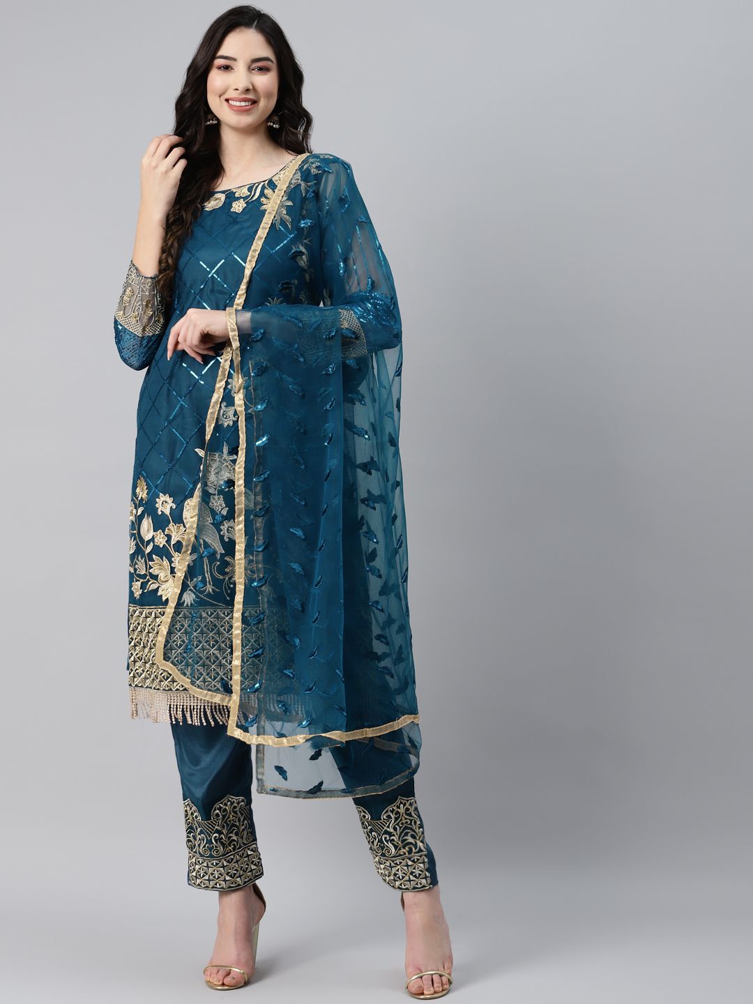 Readiprint Fashions Teal Blue & Gold-Toned Embroidered Unstitched Dress Material Price in India