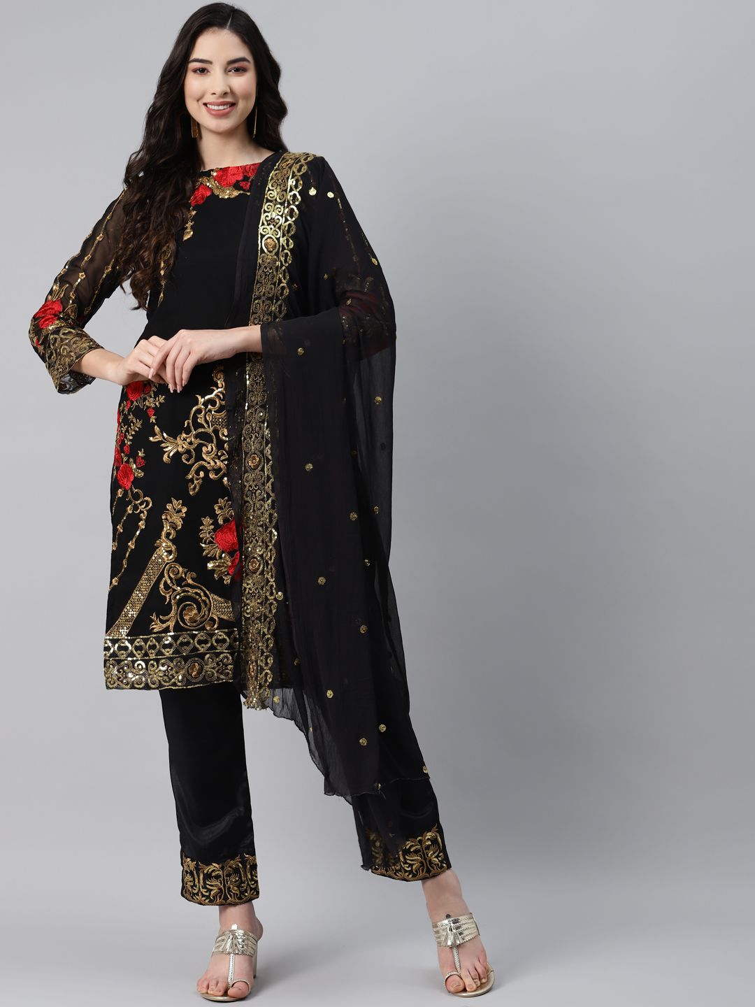 Readiprint Fashions Black & Gold-Toned Embroidered Unstitched Dress Material Price in India