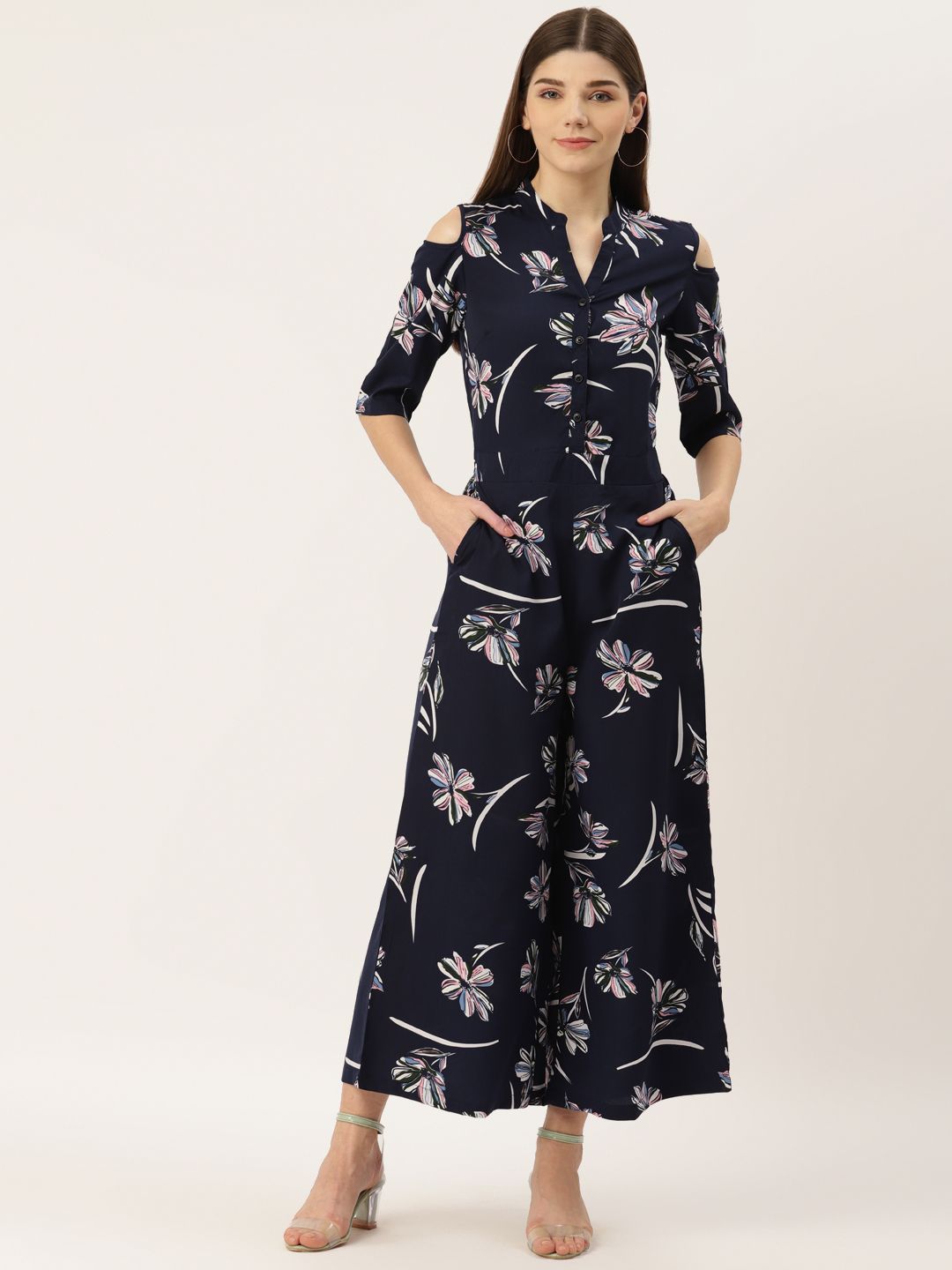 Deewa Navy Blue & Off White Floral Print Basic Jumpsuit Price in India