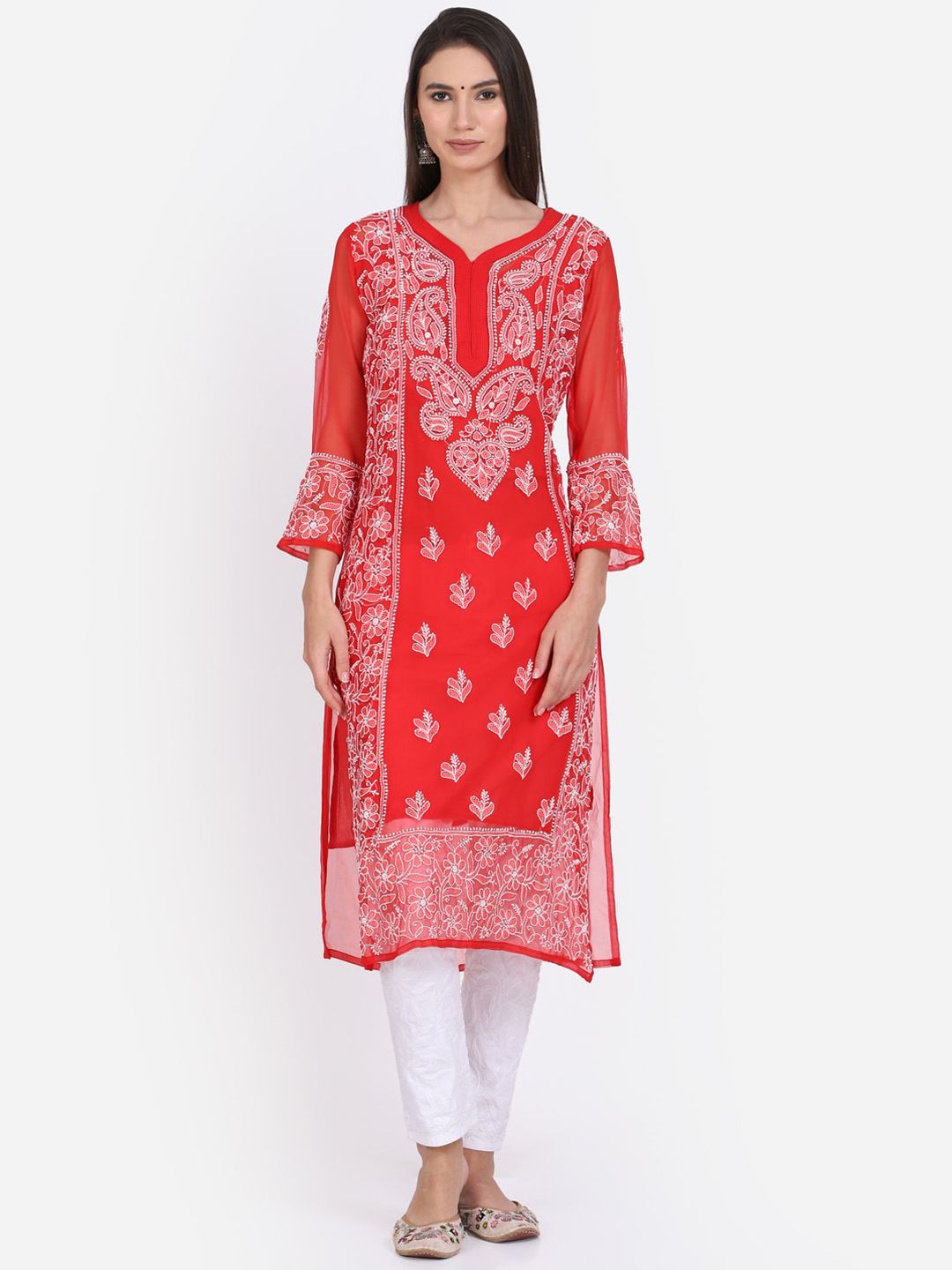 PARAMOUNT CHIKAN Women Red & White Ethnic Motifs Embroidered Chikankari Georgette Kurta Price in India