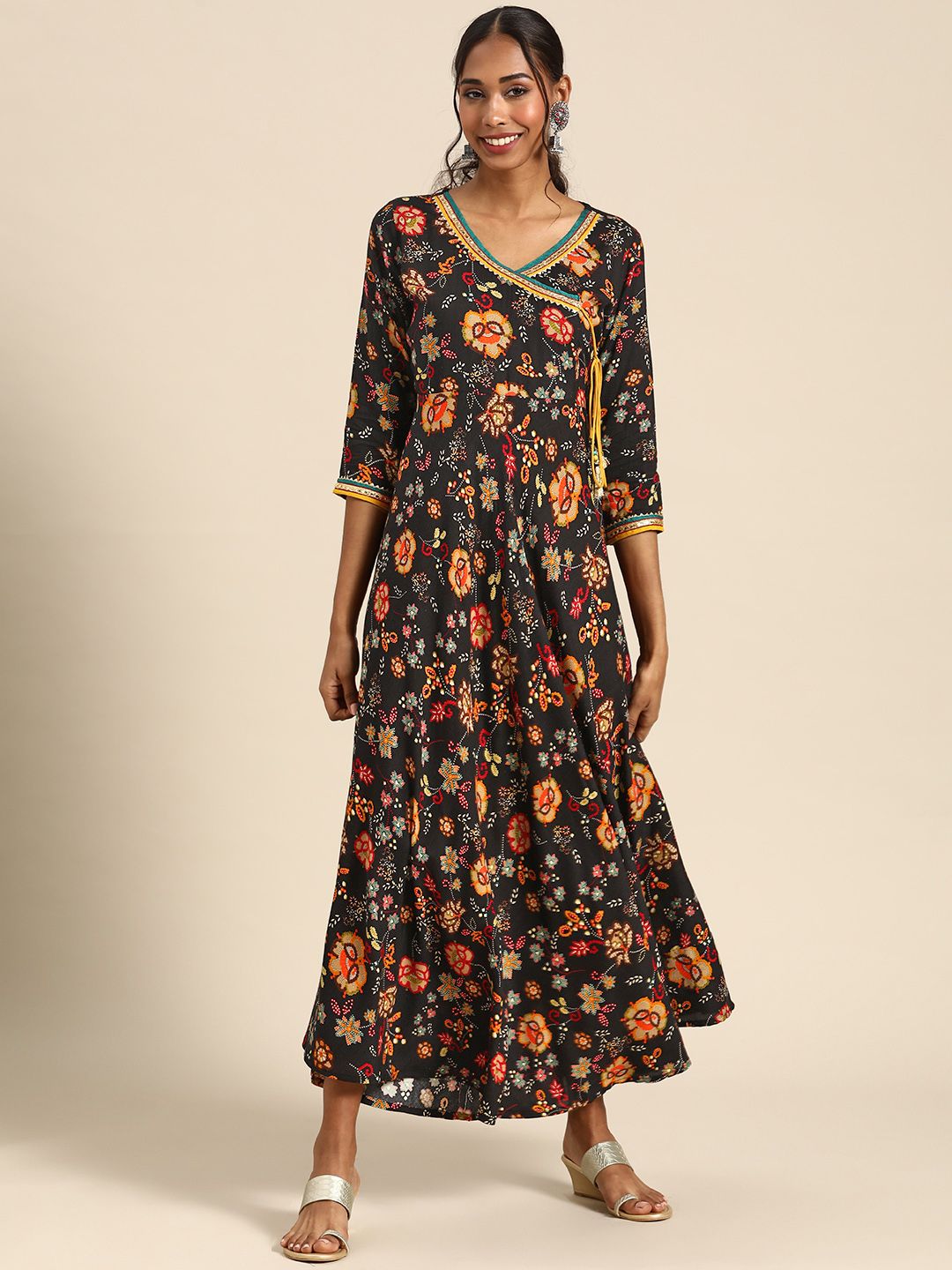 RANGMAYEE Black & Yellow Floral Liva Ethnic A-Line Maxi Dress Price in India