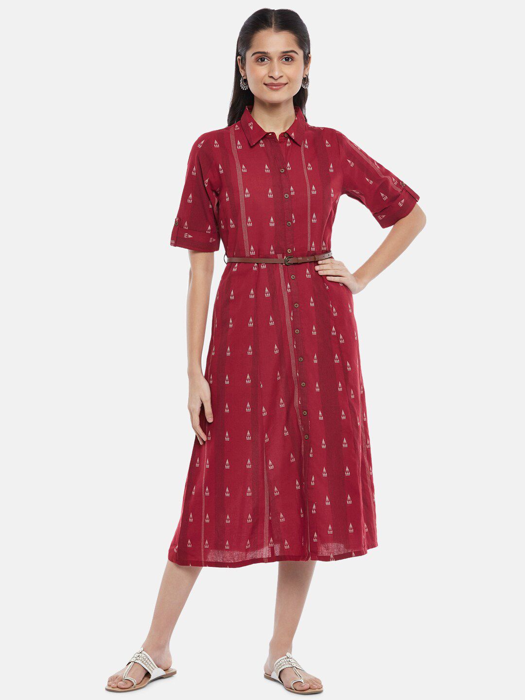 AKKRITI BY PANTALOONS Maroon Ethnic Motifs Shirt Midi Dress Price in India