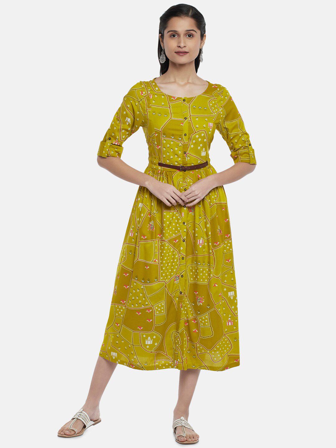AKKRITI BY PANTALOONS Fluorescent Green Floral Printed Midi Fit & Flared Dress Price in India