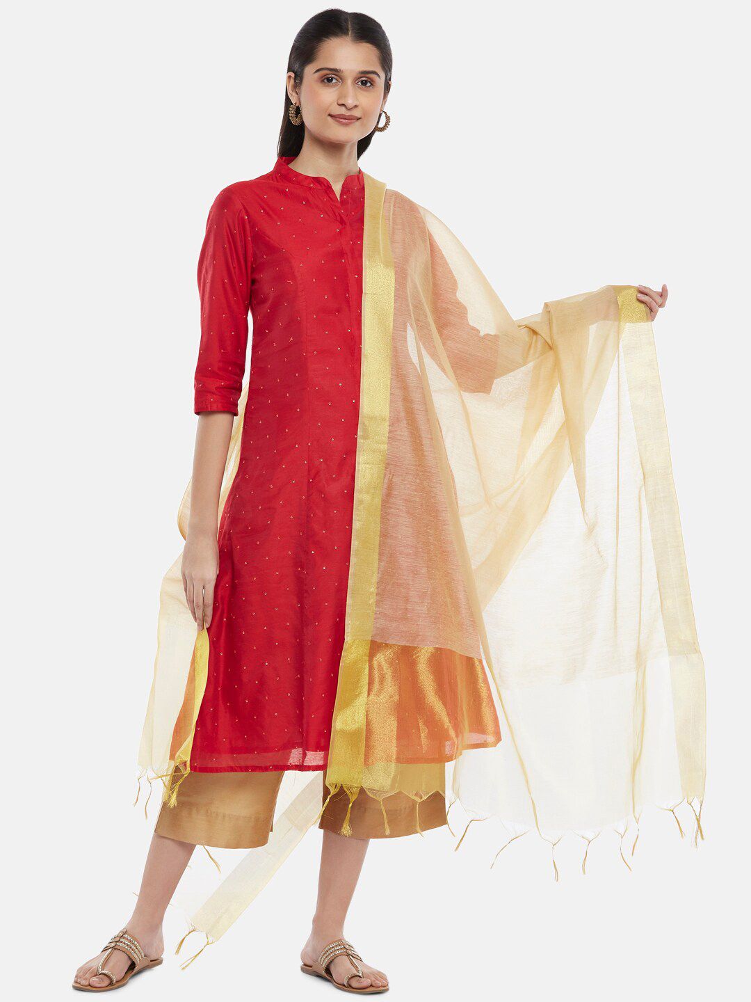 RANGMANCH BY PANTALOONS Gold-Toned Woven Design Pure Silk Dupatta with Zari Price in India