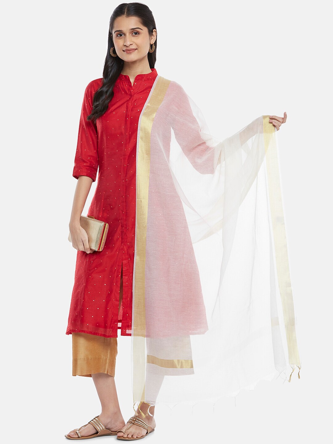 RANGMANCH BY PANTALOONS Off White & Gold-Toned Woven Design Pure Silk Dupatta with Zari Price in India