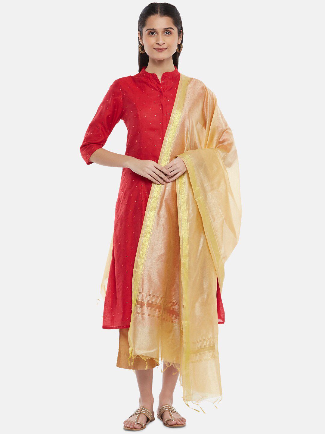RANGMANCH BY PANTALOONS Gold-Toned Woven Design Pure Silk Dupatta with Zari Price in India