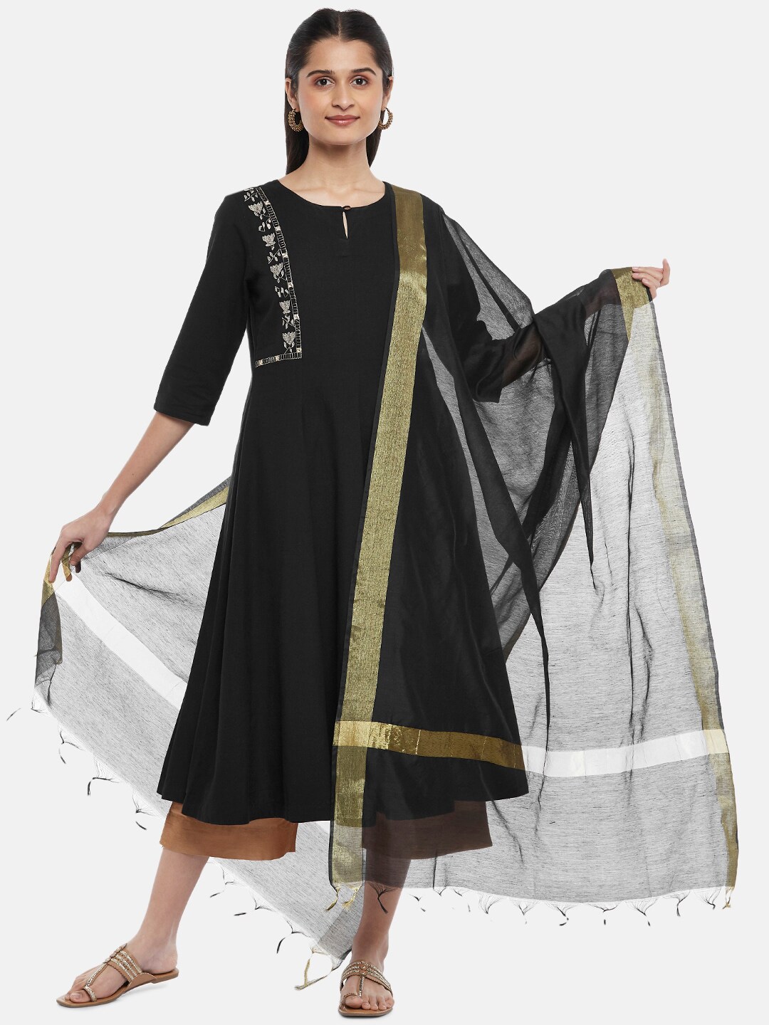 RANGMANCH BY PANTALOONS Black Woven Design Pure Silk Dupatta Price in India