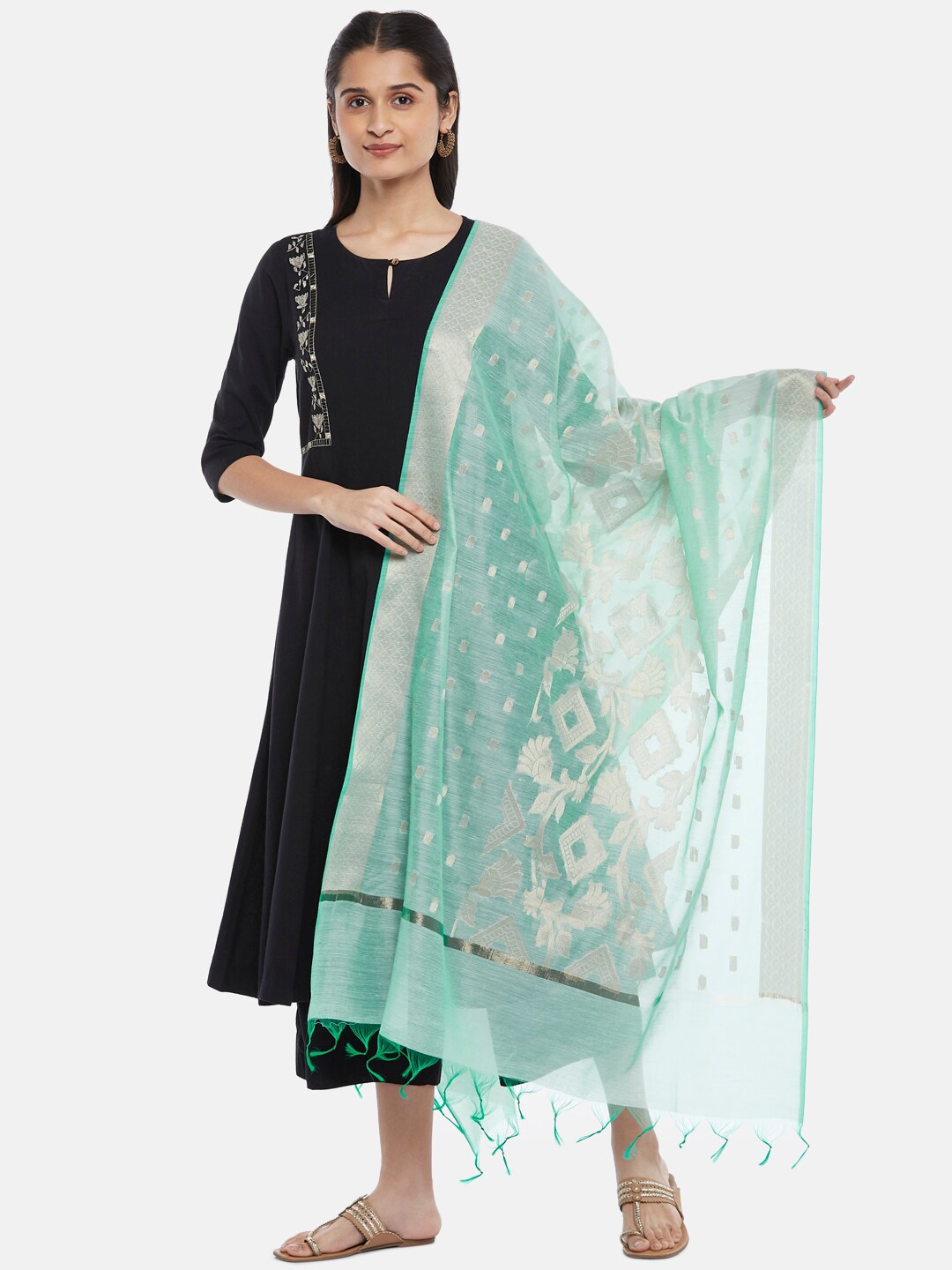 RANGMANCH BY PANTALOONS Turquoise Blue & Gold-Toned Ethnic Motifs Woven Design Dupatta Price in India