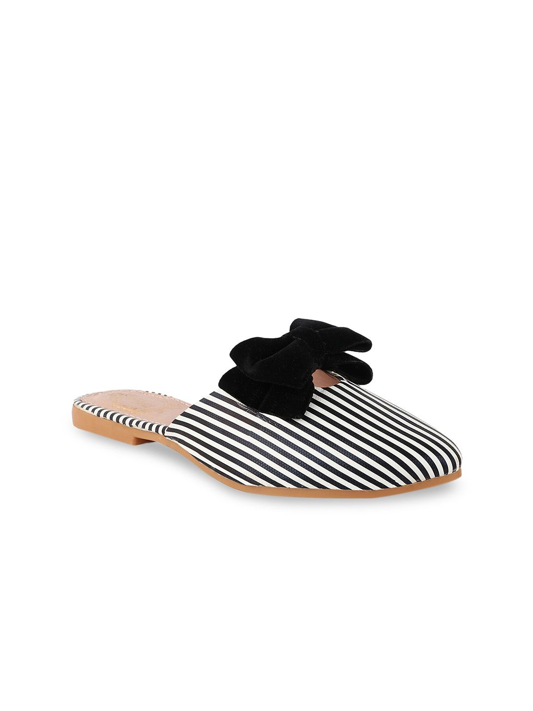 Shoetopia Women Black & White Striped Mules with Bow Price in India