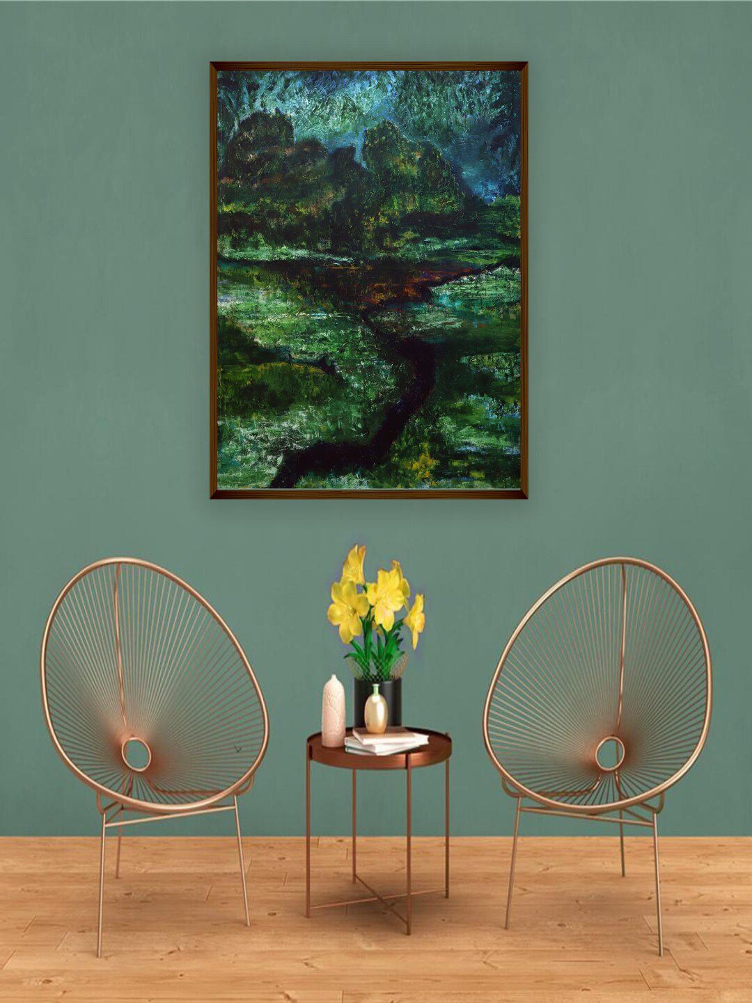 The Art House Green & Blue Abstract Painting Wall Art Price in India