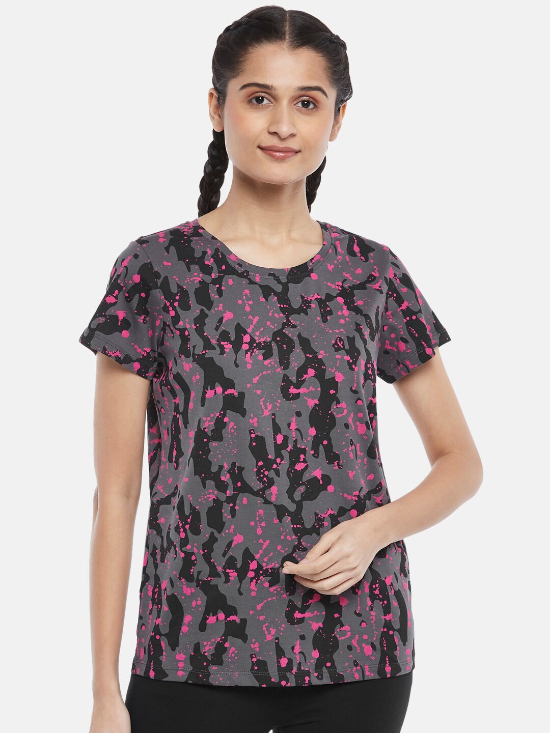 Ajile by Pantaloons Women Grey & Pink Printed Pure Cotton Sports T-shirt Price in India