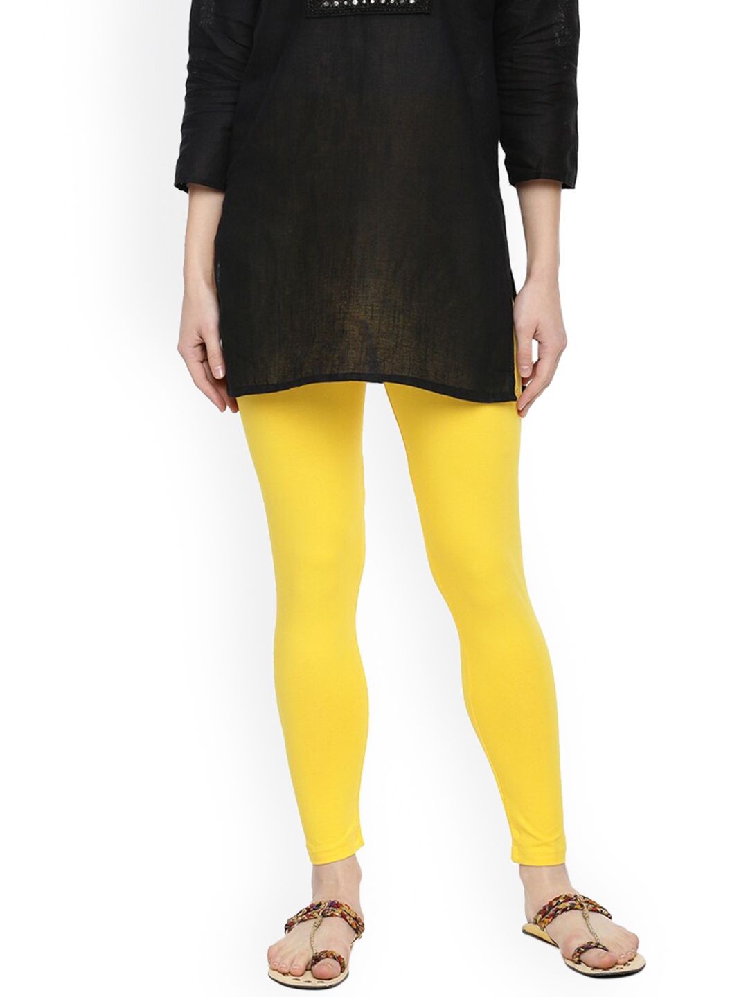 Dollar Missy Women Yellow Solid Cotton Slim-Fit Ankle-Length Leggings Price in India