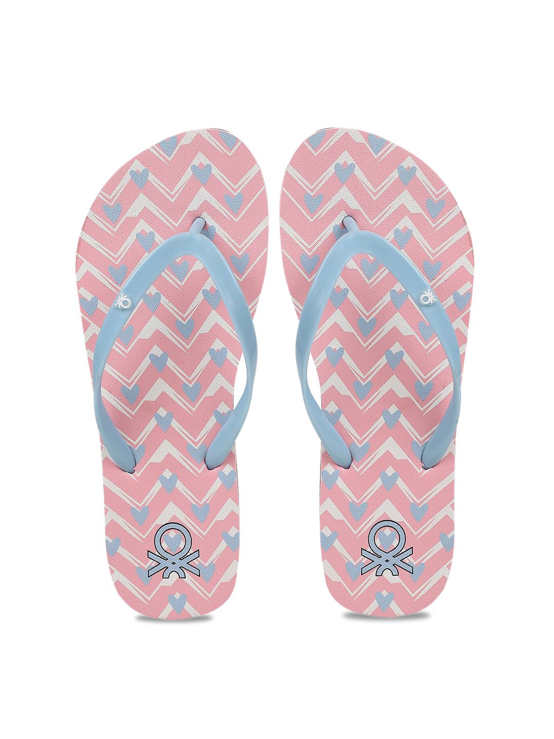 United Colors of Benetton Women Pink & Blue Printed Rubber Thong Flip-Flops Price in India