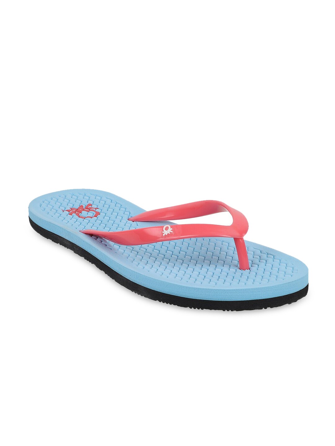 United Colors of Benetton Women Blue & Peach-Coloured Printed Rubber Thong Flip-Flops Price in India