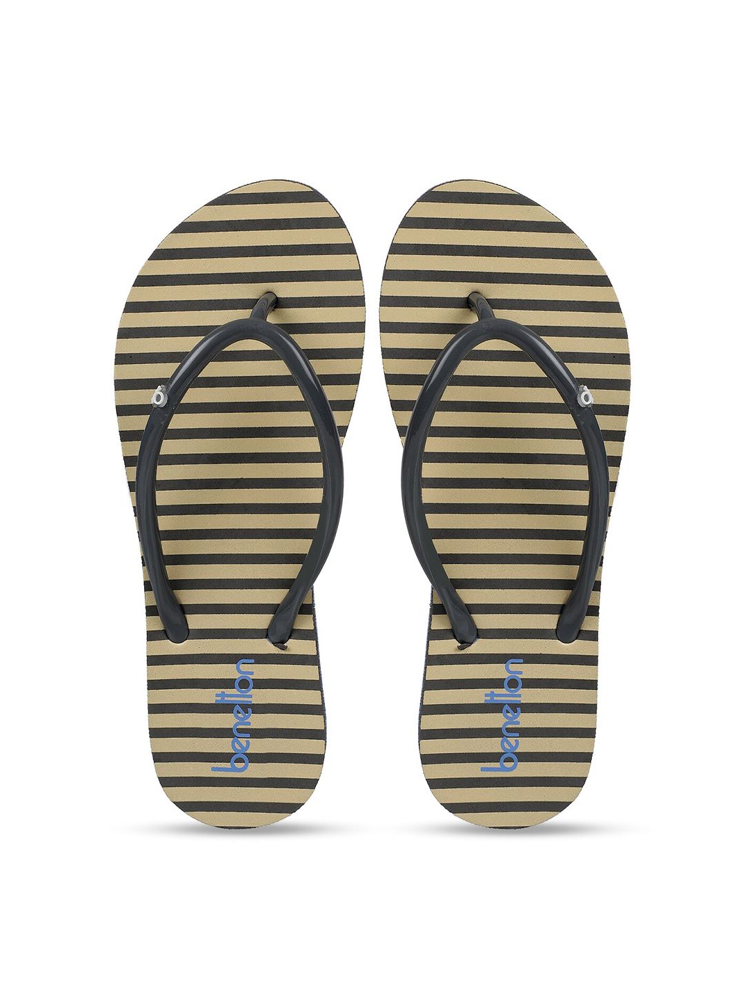 United Colors of Benetton Women Beige & Black Striped Printed Rubber Thong Flip-Flops Price in India