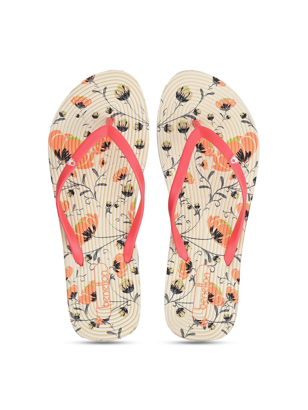 United Colors of Benetton Women Beige & Red Printed Rubber Thong Flip-Flops Price in India