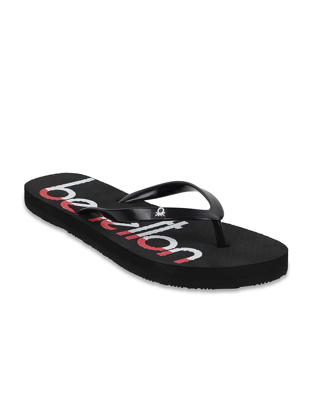 United Colors of Benetton Women Black & White Printed Rubber Thong Flip-Flops Price in India