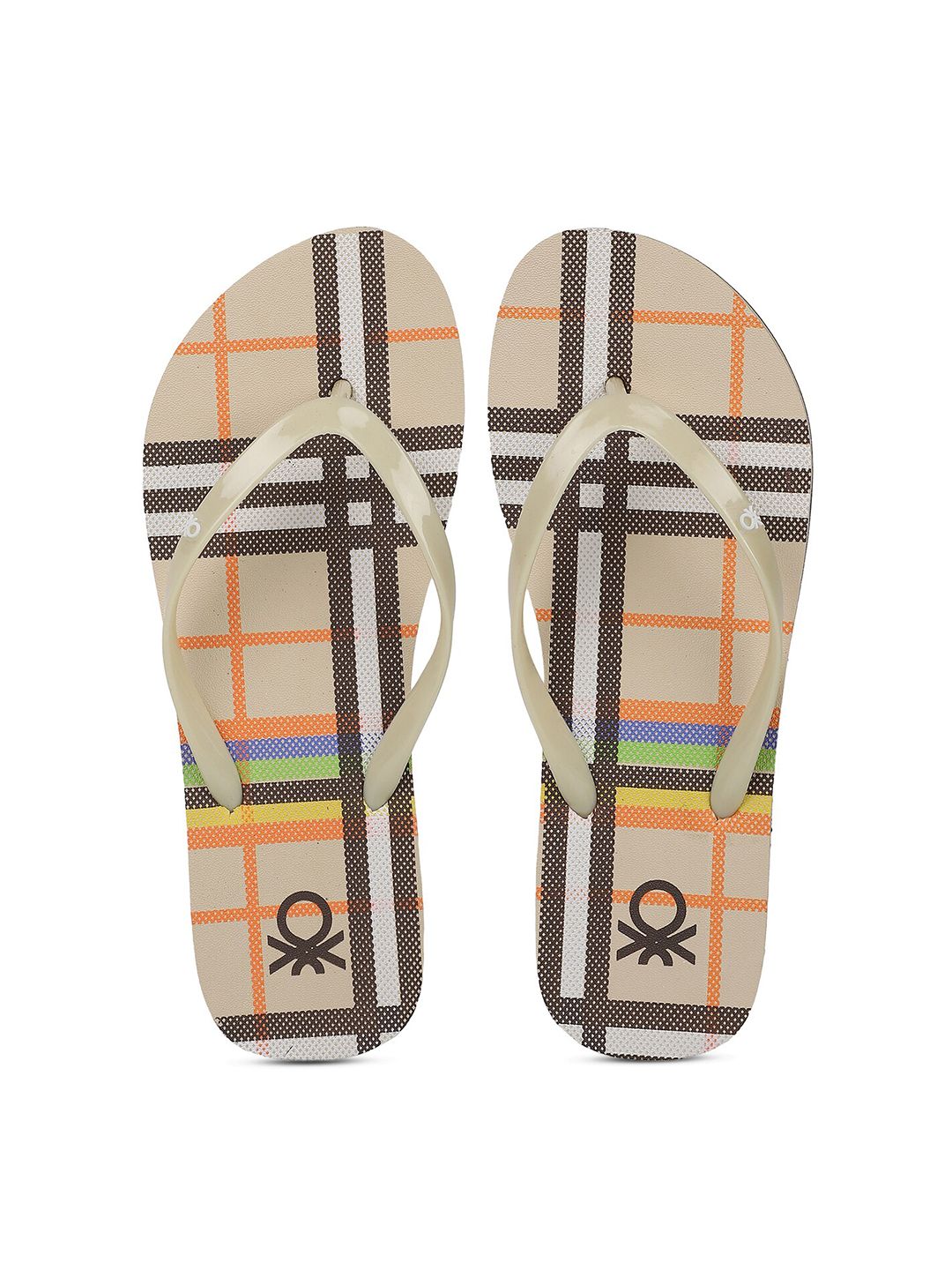 United Colors of Benetton Women Khaki & Black Checked Printed Rubber Thong Flip-Flops Price in India