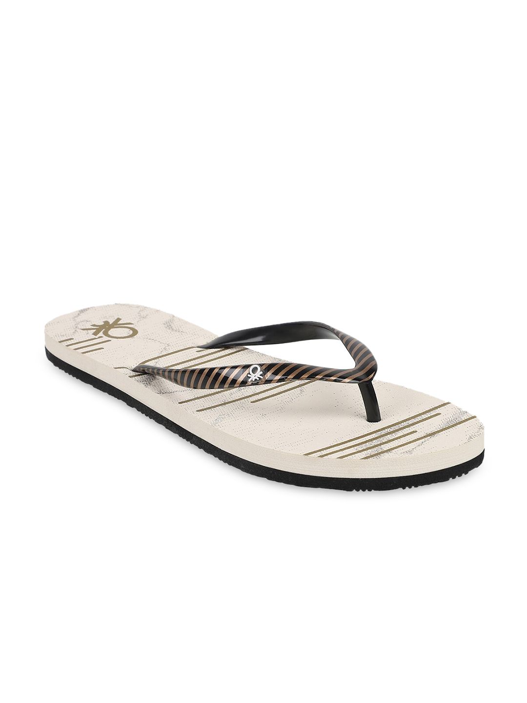 United Colors of Benetton Women Beige & Black Printed Rubber Thong Flip-Flops Price in India