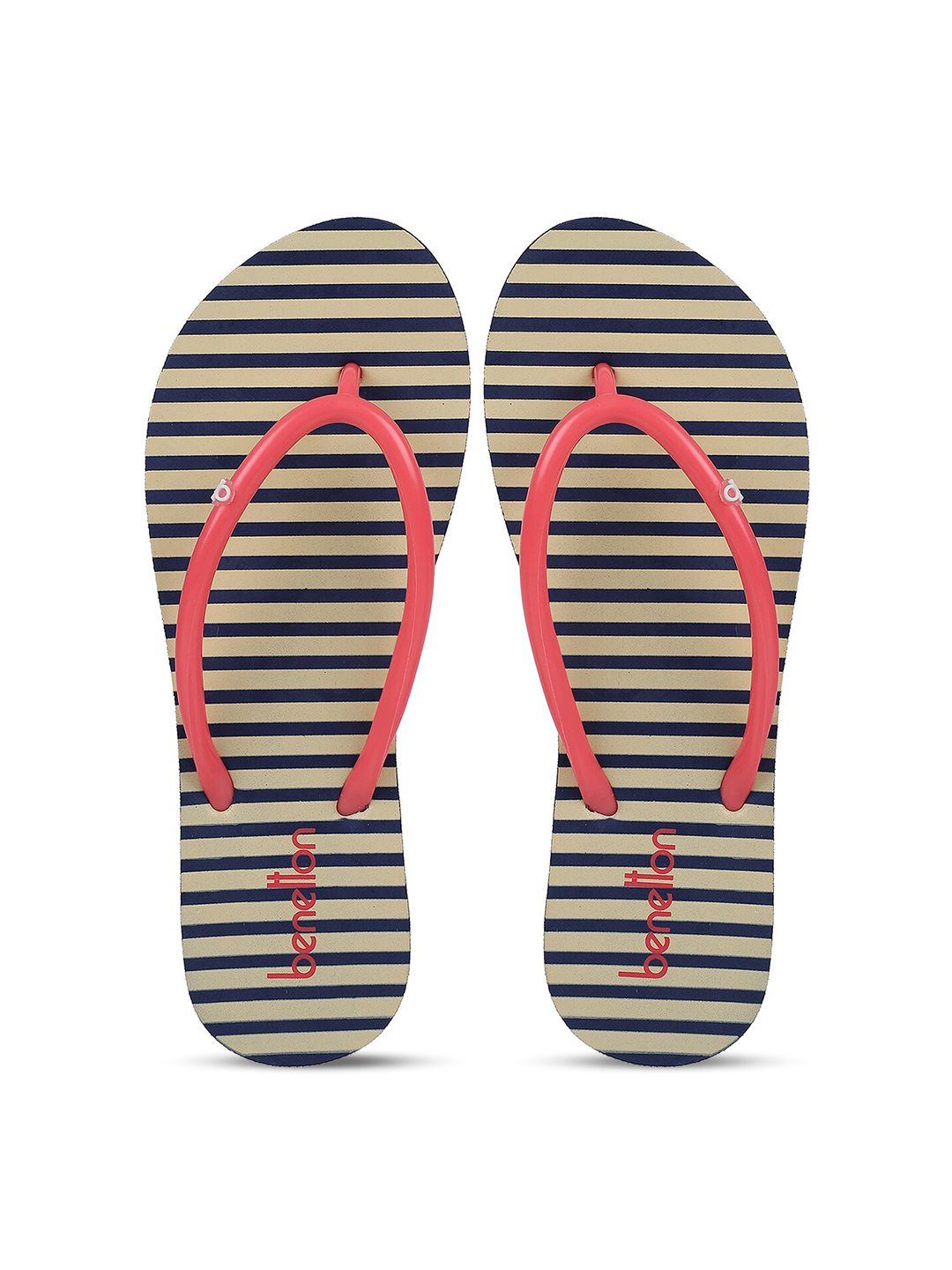 United Colors of Benetton Women Navy Blue & Beige Striped Rubber Thong Flip-Flops Price in India