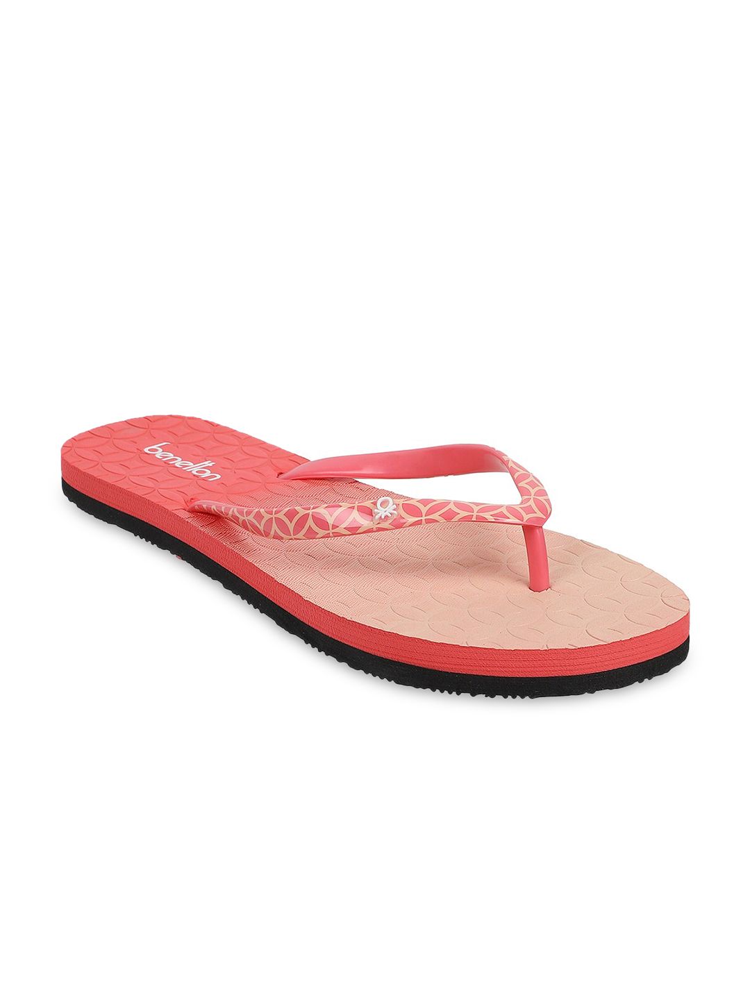 United Colors of Benetton Women Peach-Coloured & Coral Printed Rubber Thong Flip-Flops Price in India