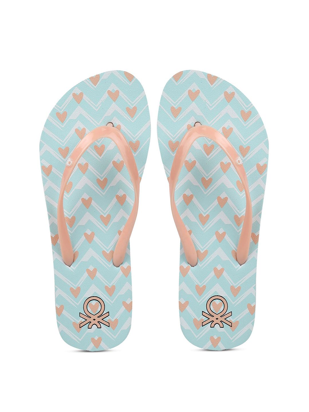 United Colors of Benetton Women Sea Green & Peach-Coloured Printed Rubber Thong Flip-Flops Price in India