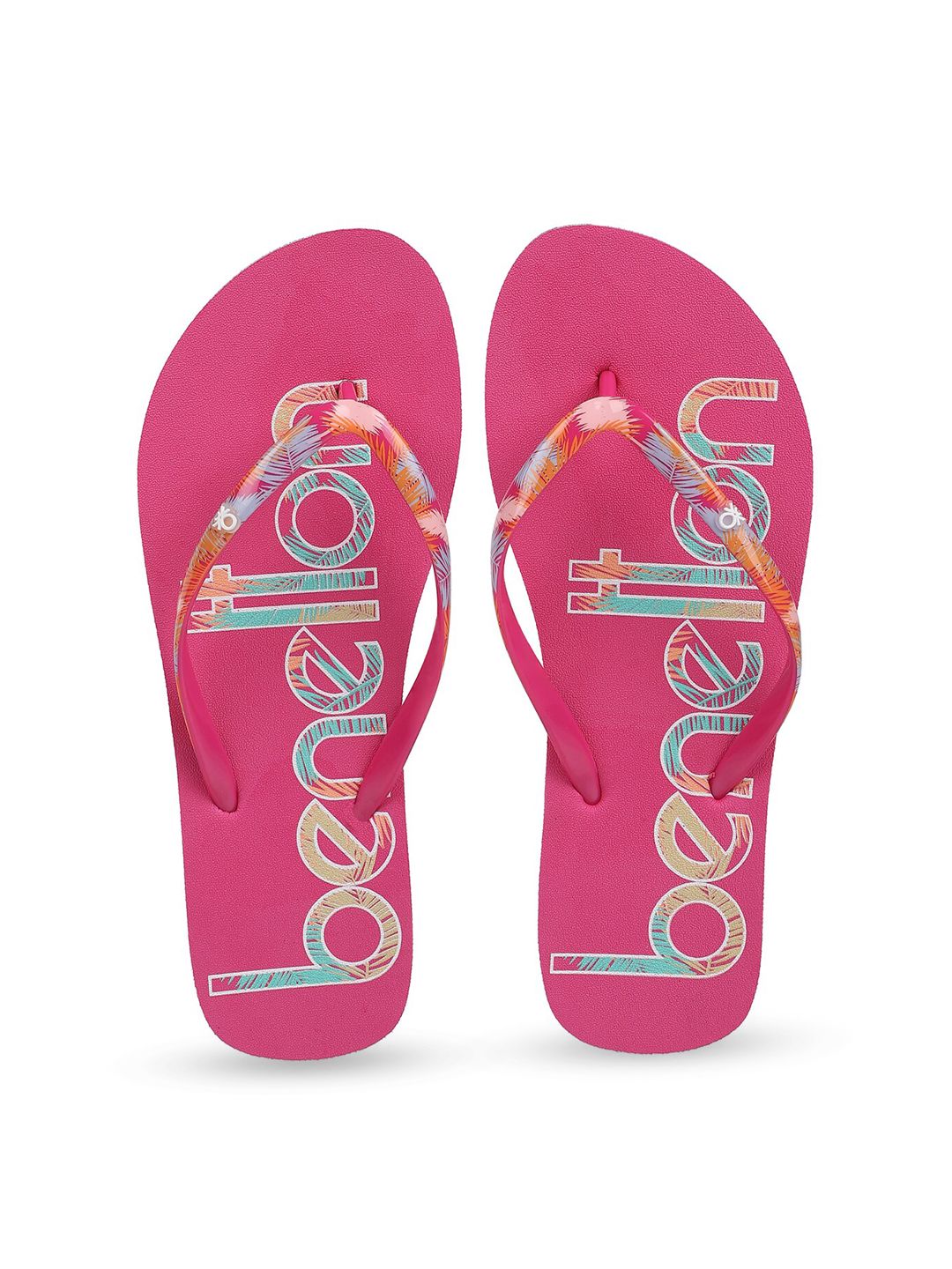 United Colors of Benetton Women Fuchsia & Blue Printed Rubber Thong Flip-Flops Price in India