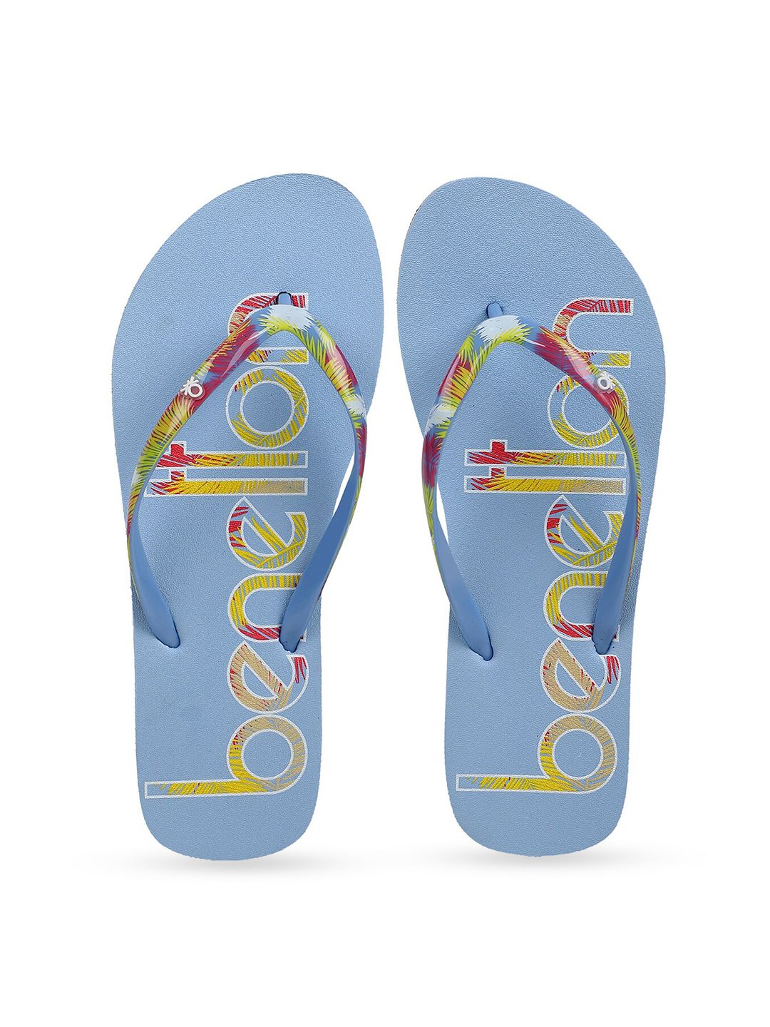 United Colors of Benetton Women Blue & Yellow Printed Rubber Thong Flip-Flops Price in India