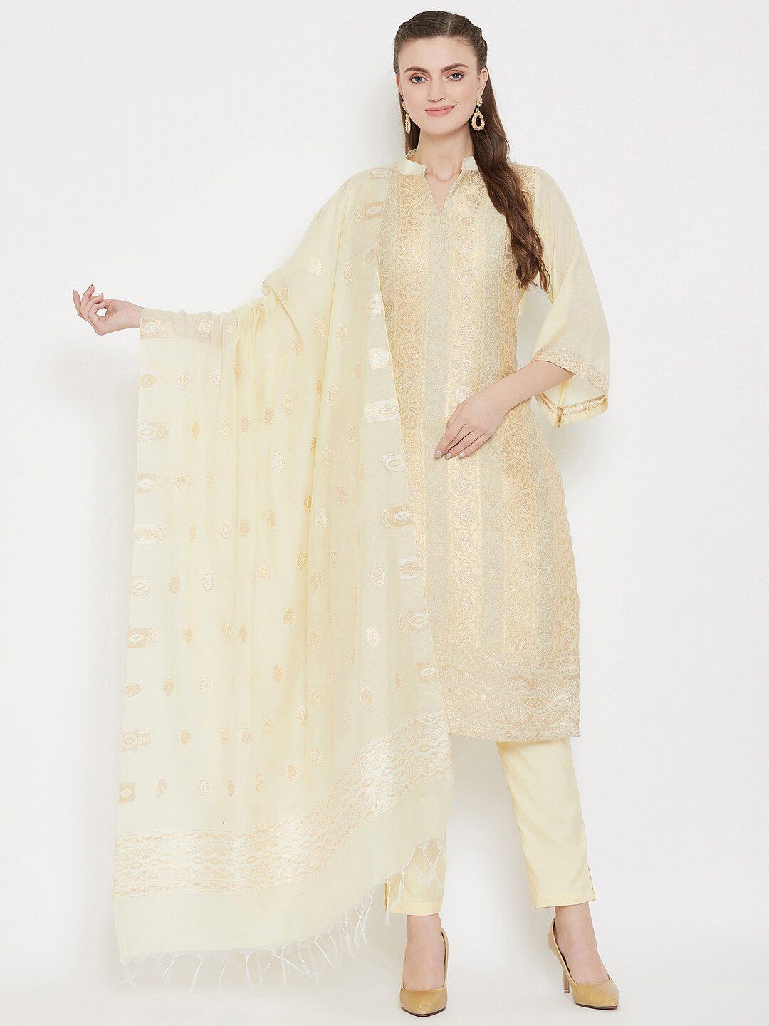 Safaa Cream-Coloured & Gold-Toned Unstitched Dress Material Price in India