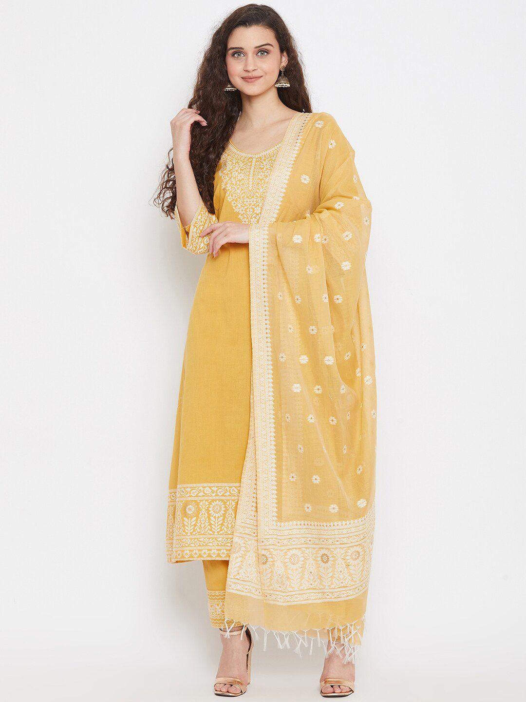 Safaa Yellow & White Unstitched Dress Material Price in India