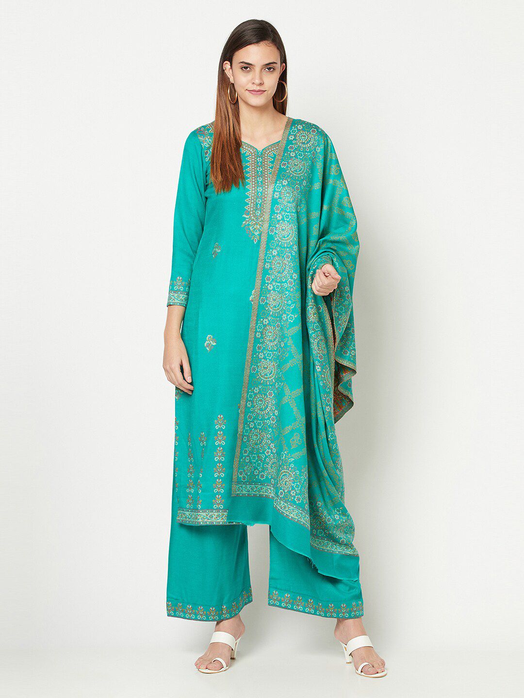 Safaa Sea Green & Yellow Viscose Rayon Unstitched Dress Material Price in India