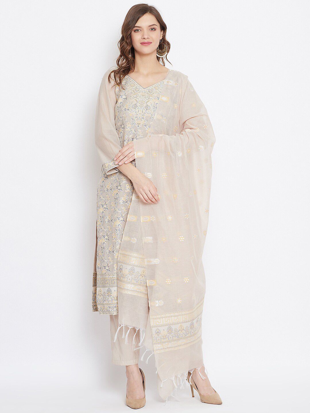 Safaa Beige & Yellow Unstitched Dress Material Price in India