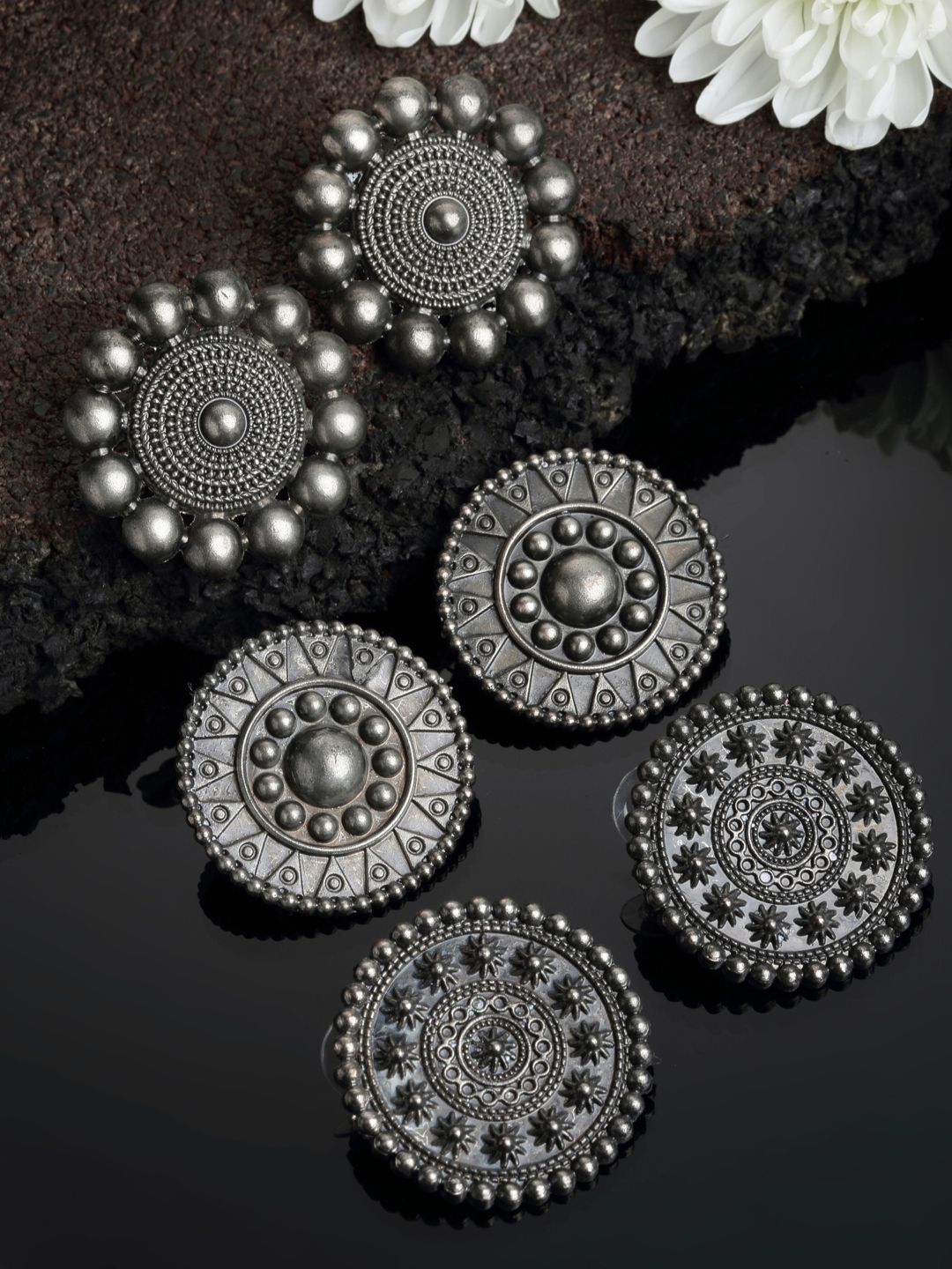 PANASH Silver-Toned Set of 3 Oxidized Circular Studded Earrings Price in India